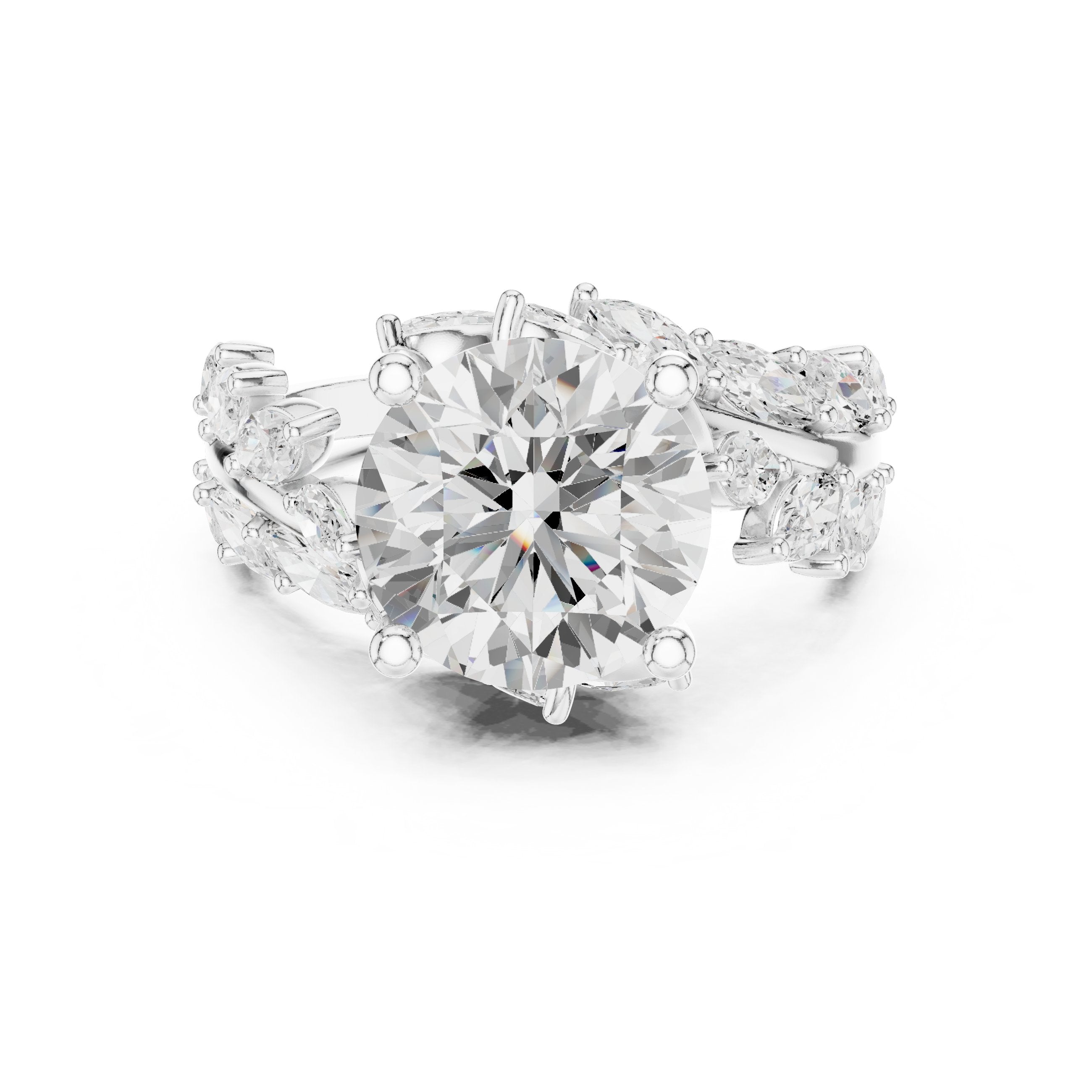 Round Diamond Engagement Ring with Marquise and Round Vine Cluster Band in White Gold - VYKA Diamonds