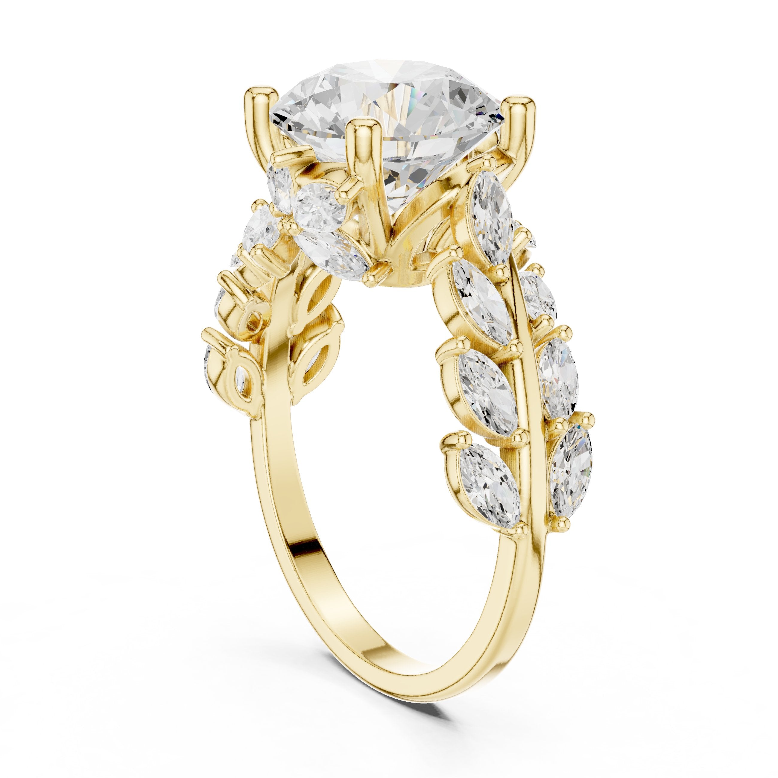 Round Diamond Engagement Ring with Marquise and Round Vine Cluster Band in Yellow Gold - VYKA Diamonds