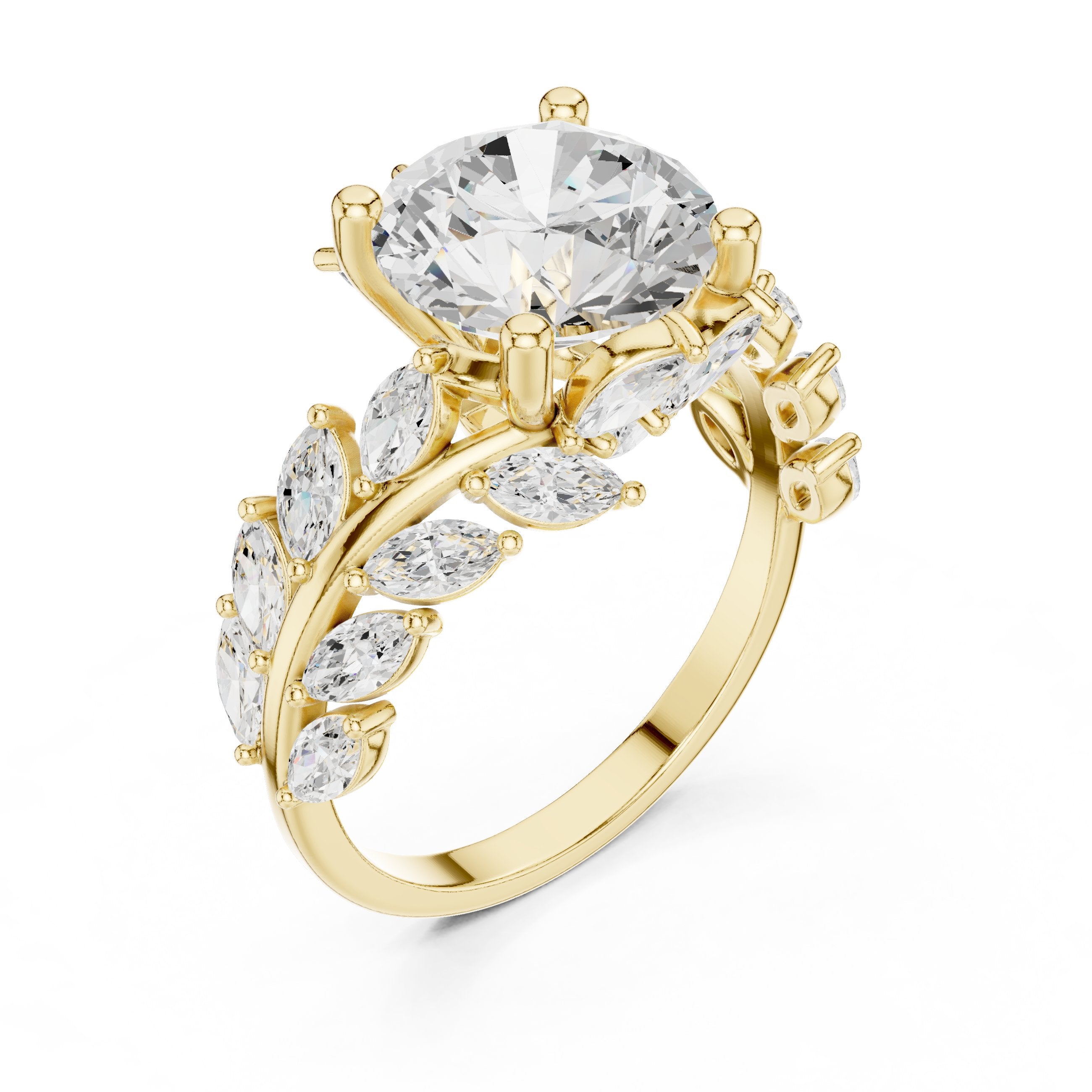 Round Diamond Engagement Ring with Marquise and Round Vine Cluster Band in Yellow Gold - VYKA Diamonds
