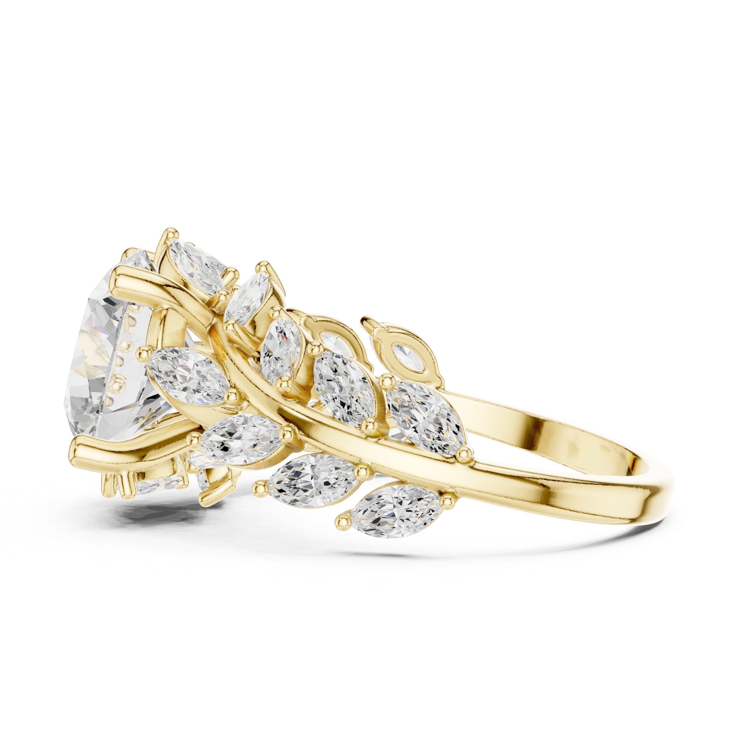 Round Diamond Engagement Ring with Marquise and Round Vine Cluster Band in Yellow Gold - VYKA Diamonds