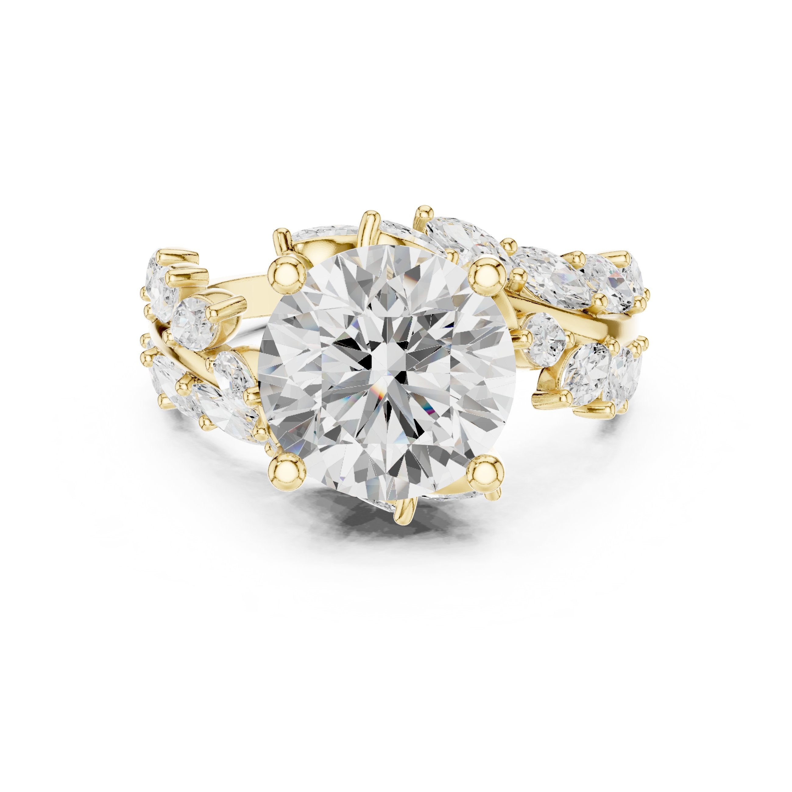Round Diamond Engagement Ring with Marquise and Round Vine Cluster Band in Yellow Gold - VYKA Diamonds
