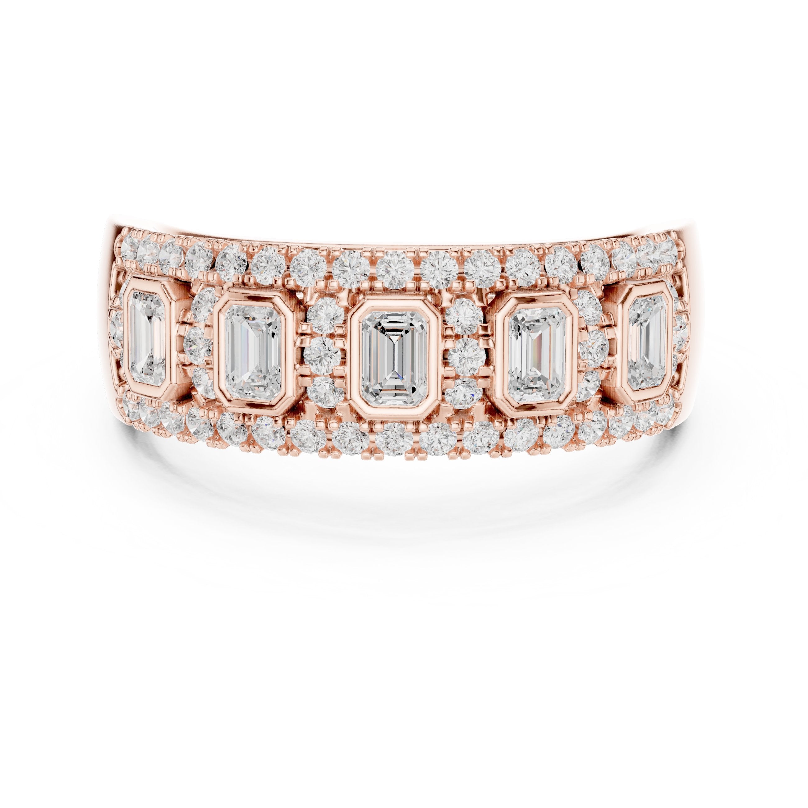 Emerald and Round Diamond Wide Anniversary Band in Rose Gold - VYKA Diamonds