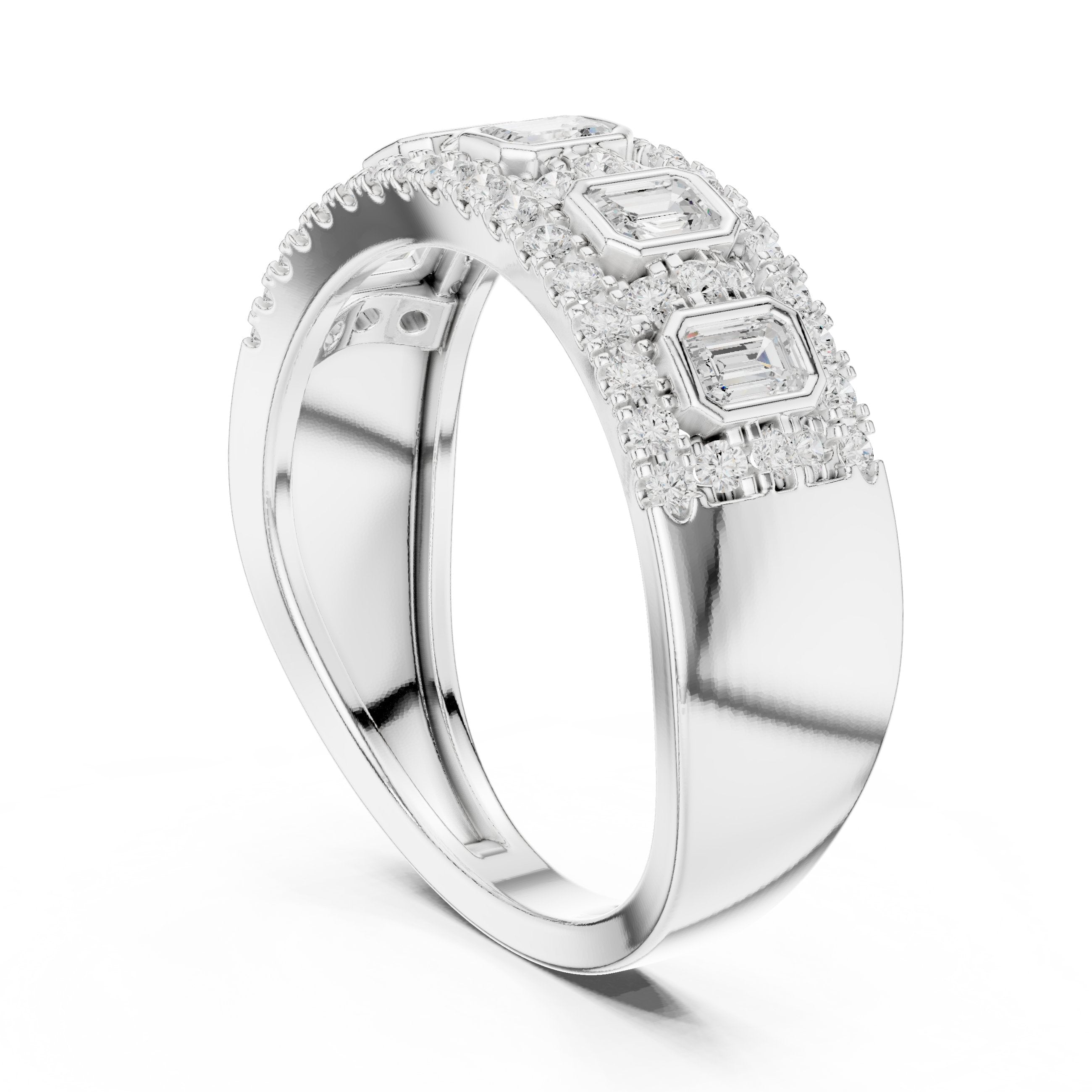 Emerald and Round Diamond Wide Anniversary Band in White Gold - VYKA Diamonds