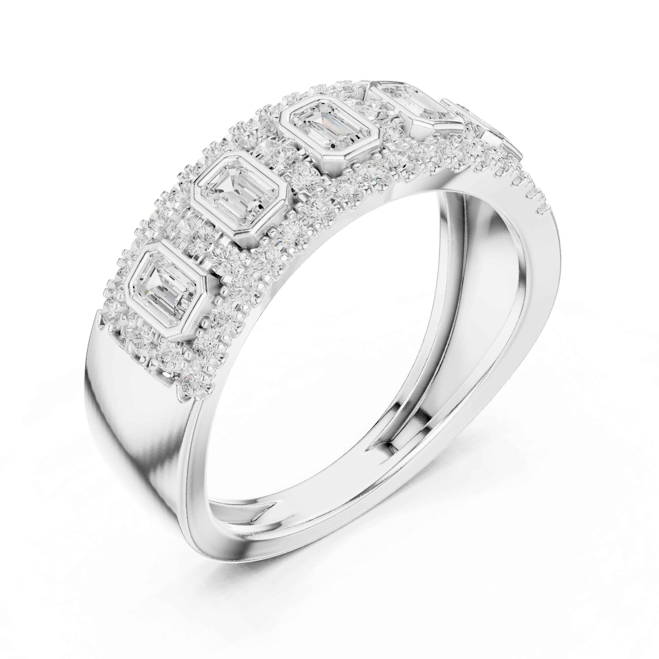 Emerald and Round Diamond Wide Anniversary Band in White Gold - VYKA Diamonds