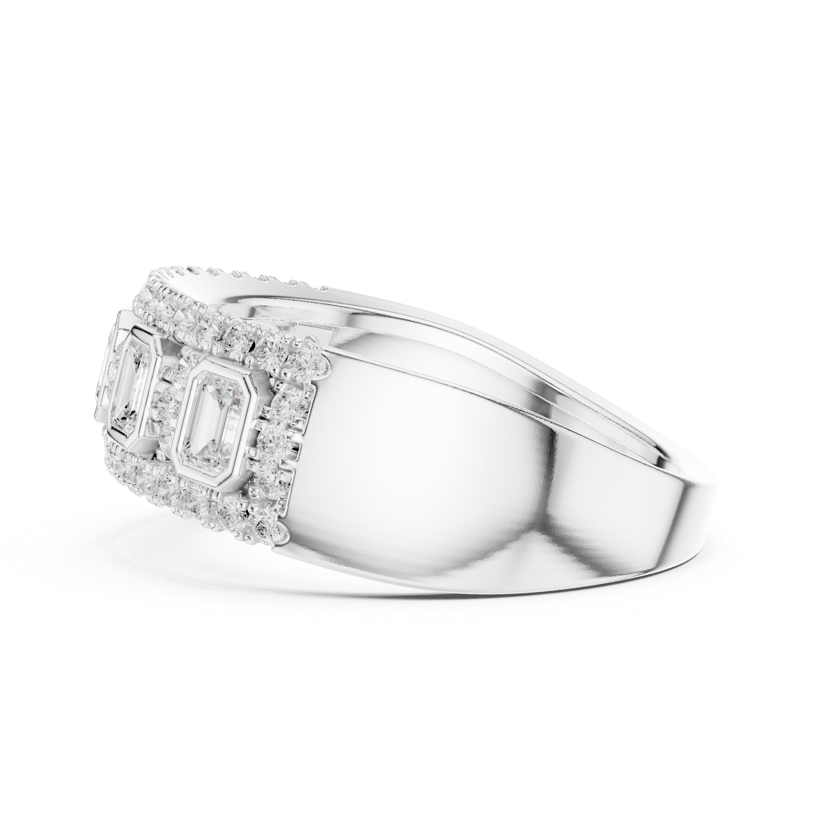Emerald and Round Diamond Wide Anniversary Band in White Gold - VYKA Diamonds