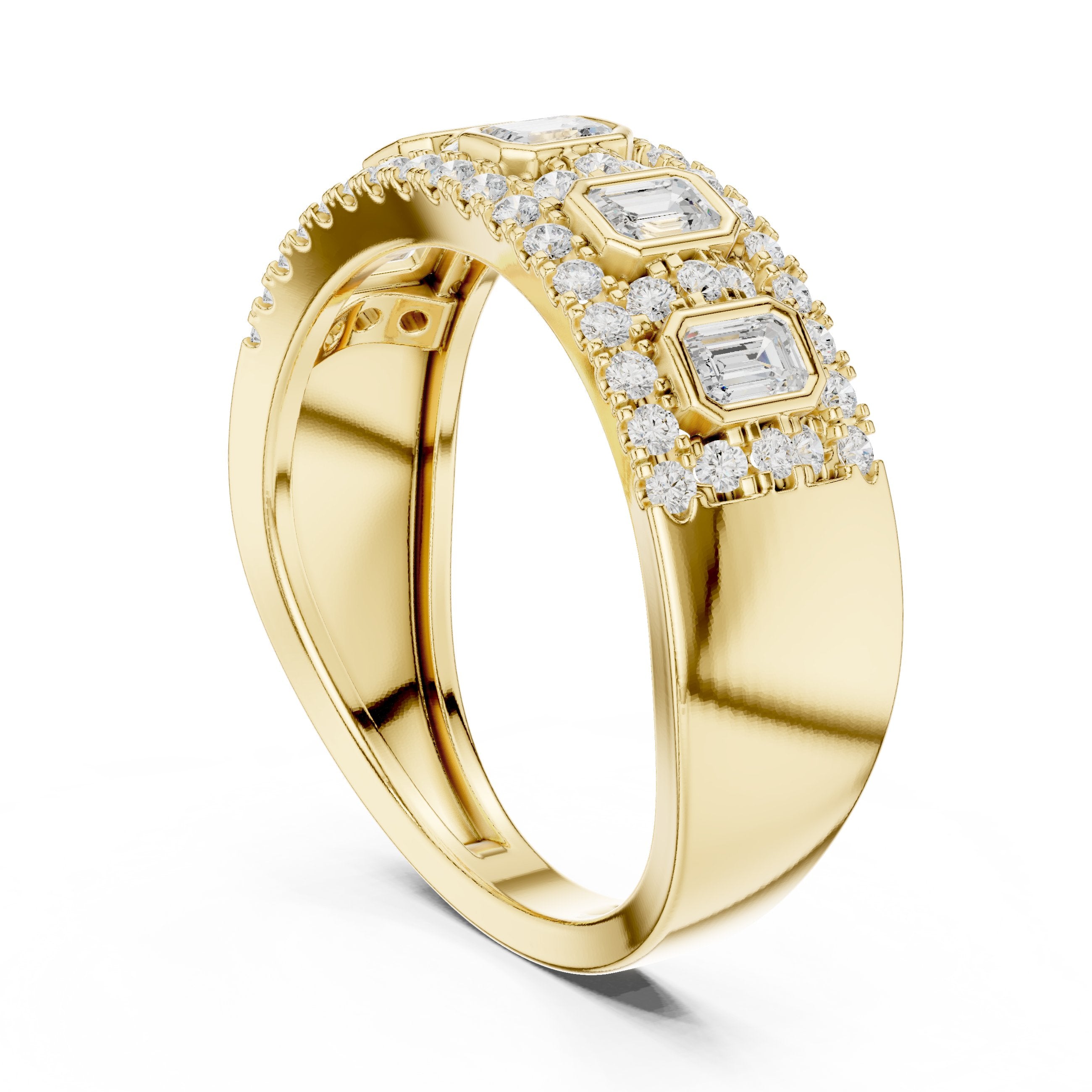 Emerald and Round Diamond Wide Anniversary Band in Yellow Gold - VYKA Diamonds