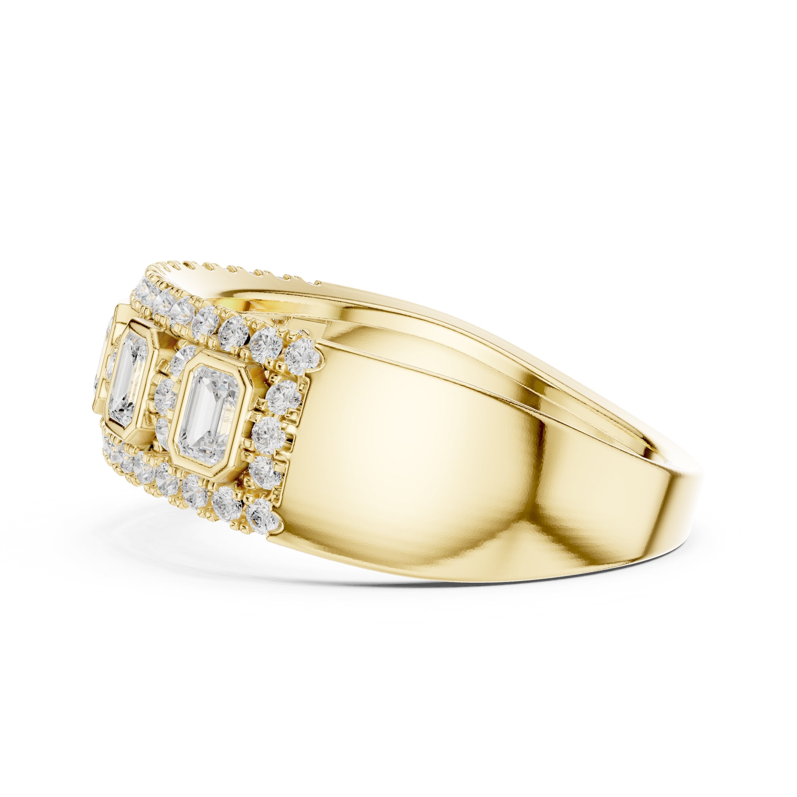 Emerald and Round Diamond Wide Anniversary Band in Yellow Gold - VYKA Diamonds
