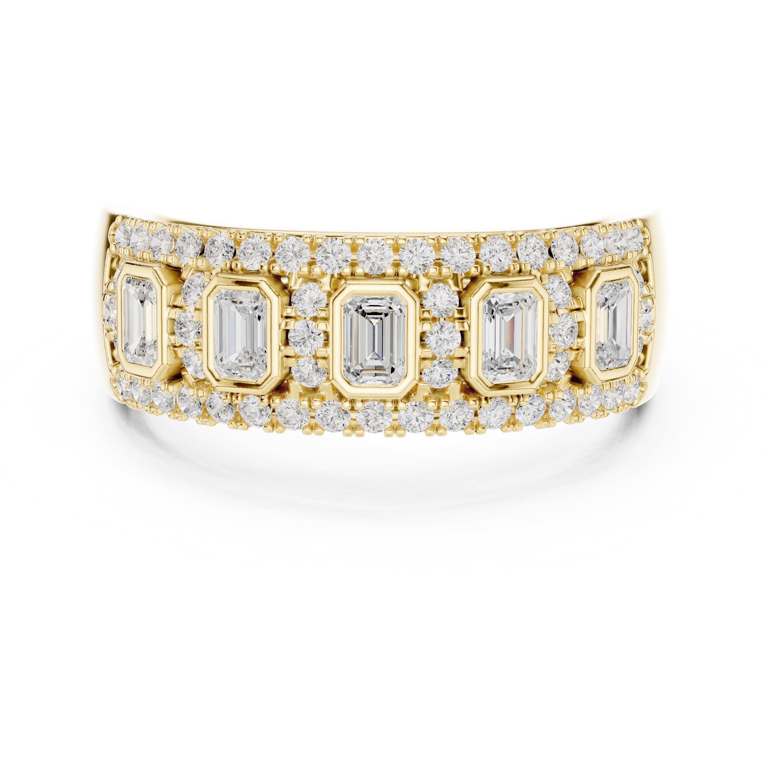 Emerald and Round Diamond Wide Anniversary Band in Yellow Gold - VYKA Diamonds