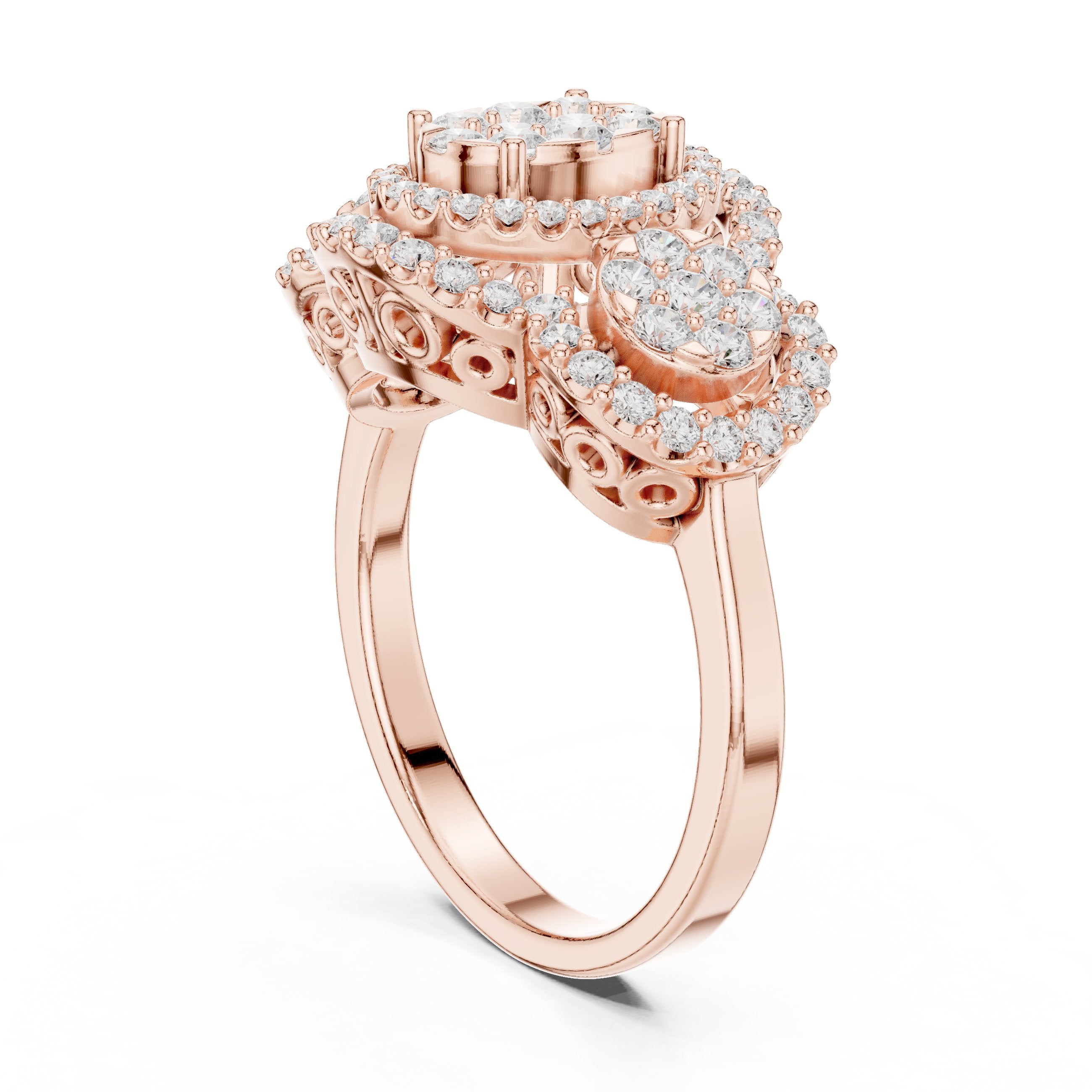 Round Diamond Triple Cluster Halo Constellation Engagement Ring in Rose Gold - VYKA Diamonds