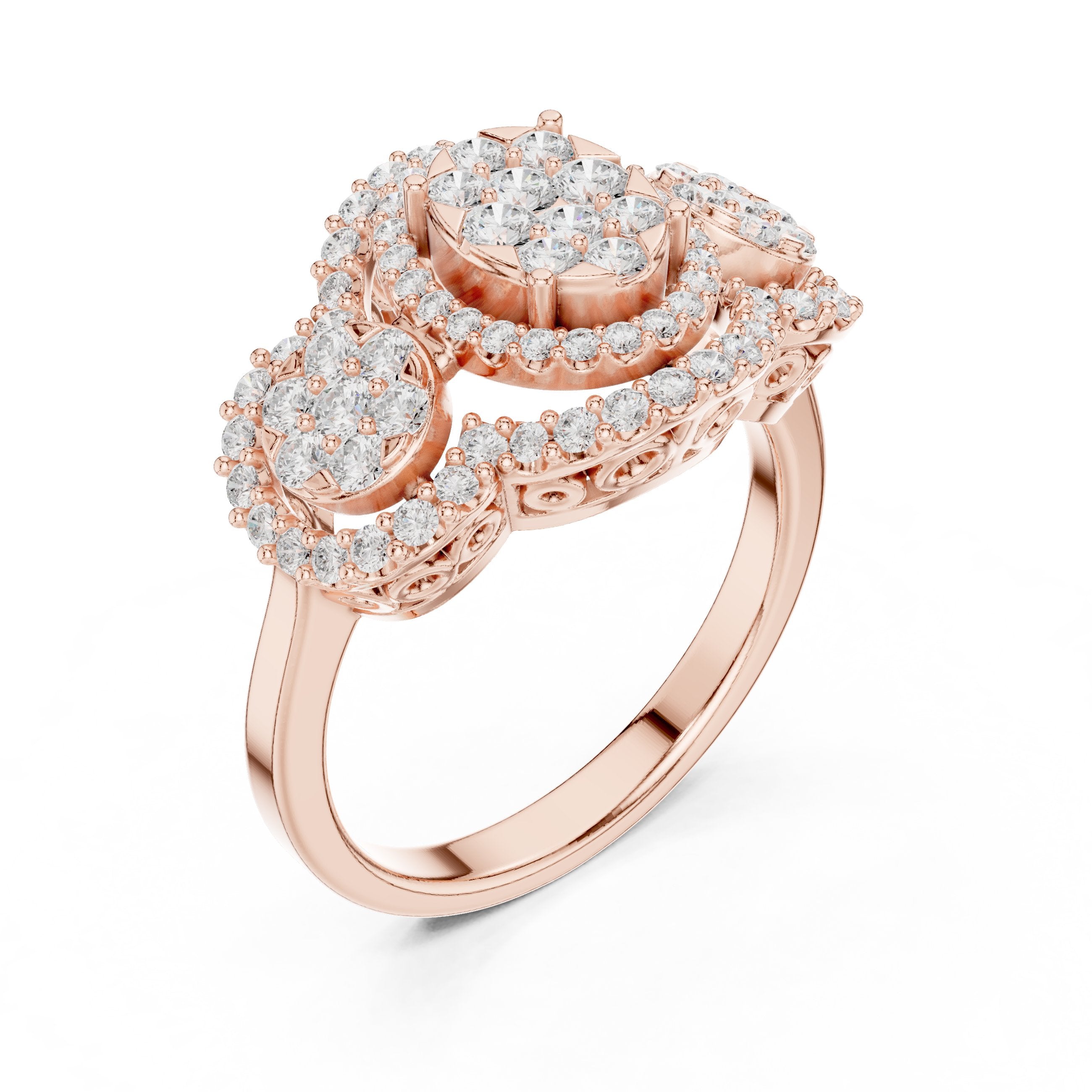 Round Diamond Triple Cluster Halo Constellation Engagement Ring in Rose Gold - VYKA Diamonds