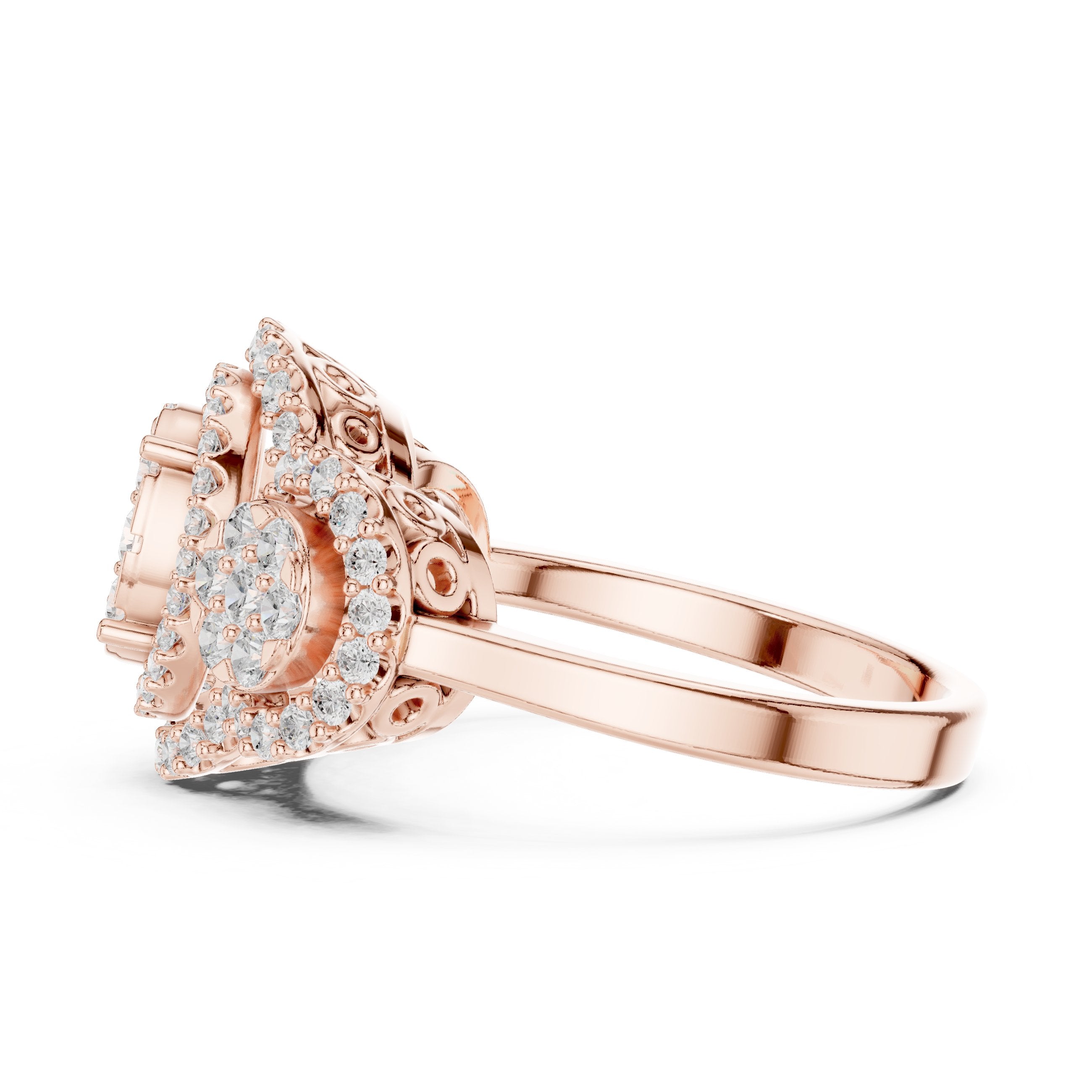 Round Diamond Triple Cluster Halo Constellation Engagement Ring in Rose Gold - VYKA Diamonds