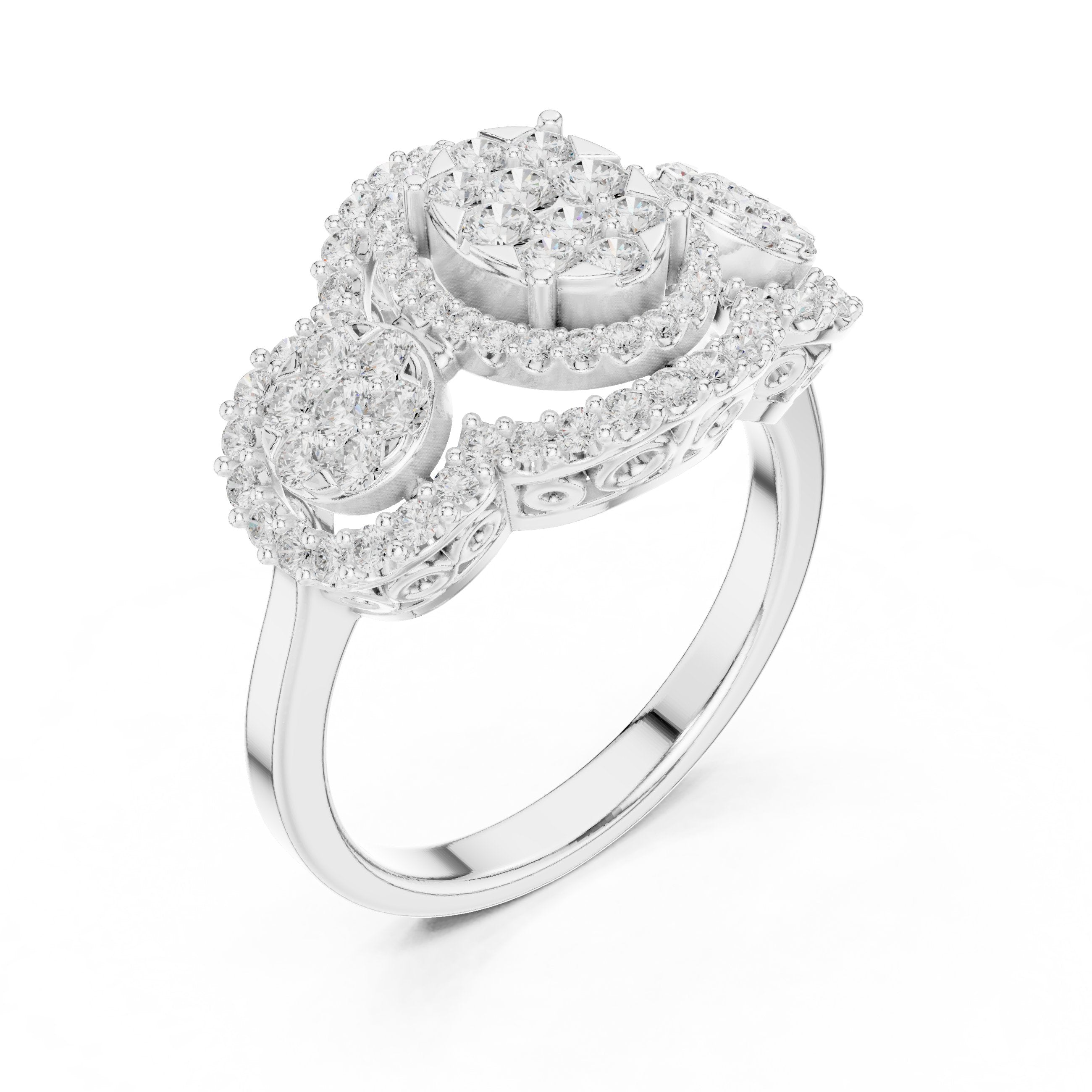 Round Diamond Triple Cluster Halo Constellation Engagement Ring in White Gold - VYKA Diamonds