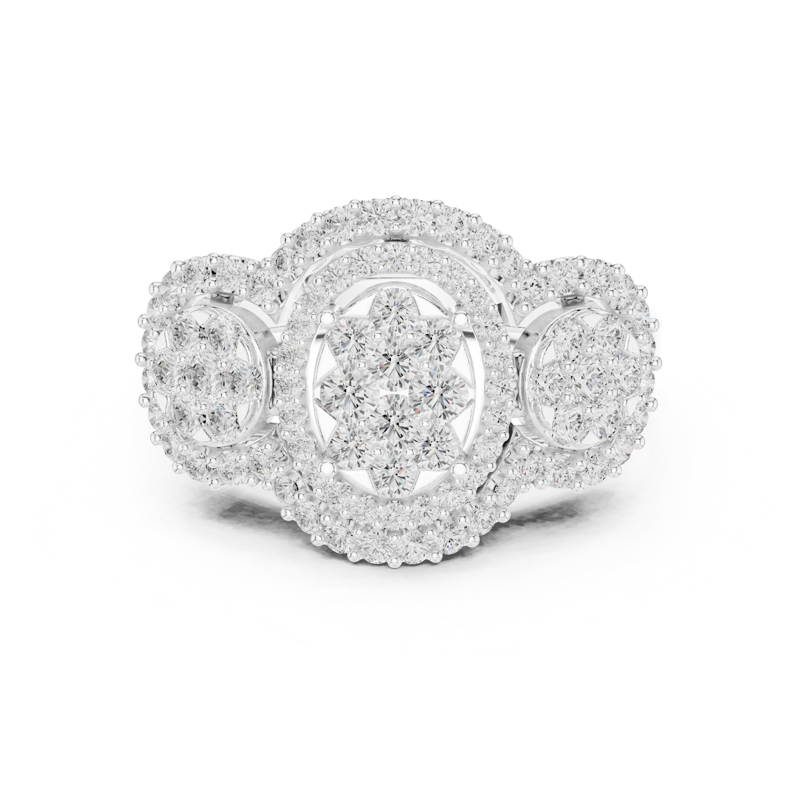 Round Diamond Triple Cluster Halo Constellation Engagement Ring in White Gold - VYKA Diamonds