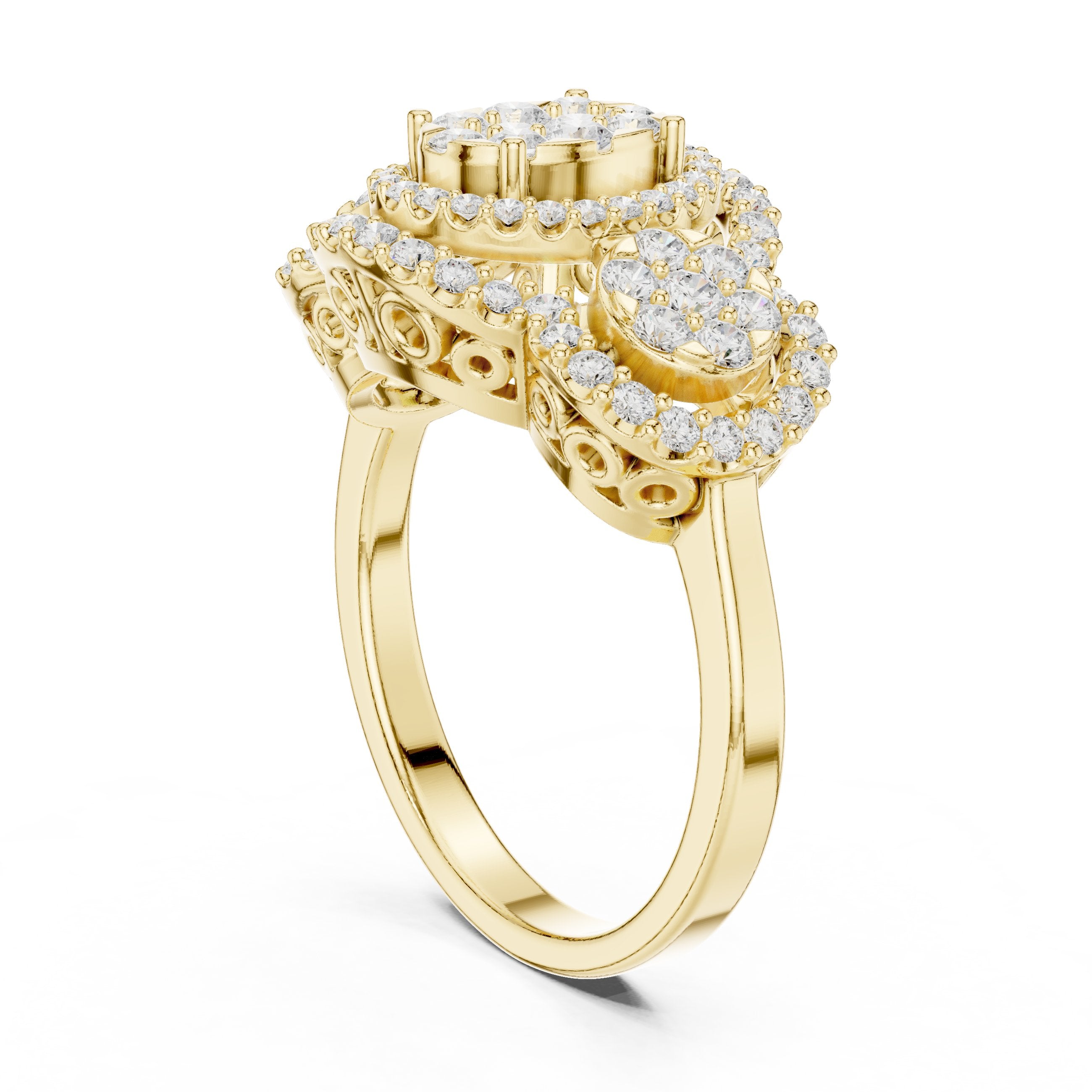 Round Diamond Triple Cluster Halo Constellation Engagement Ring in Yellow Gold - VYKA Diamonds