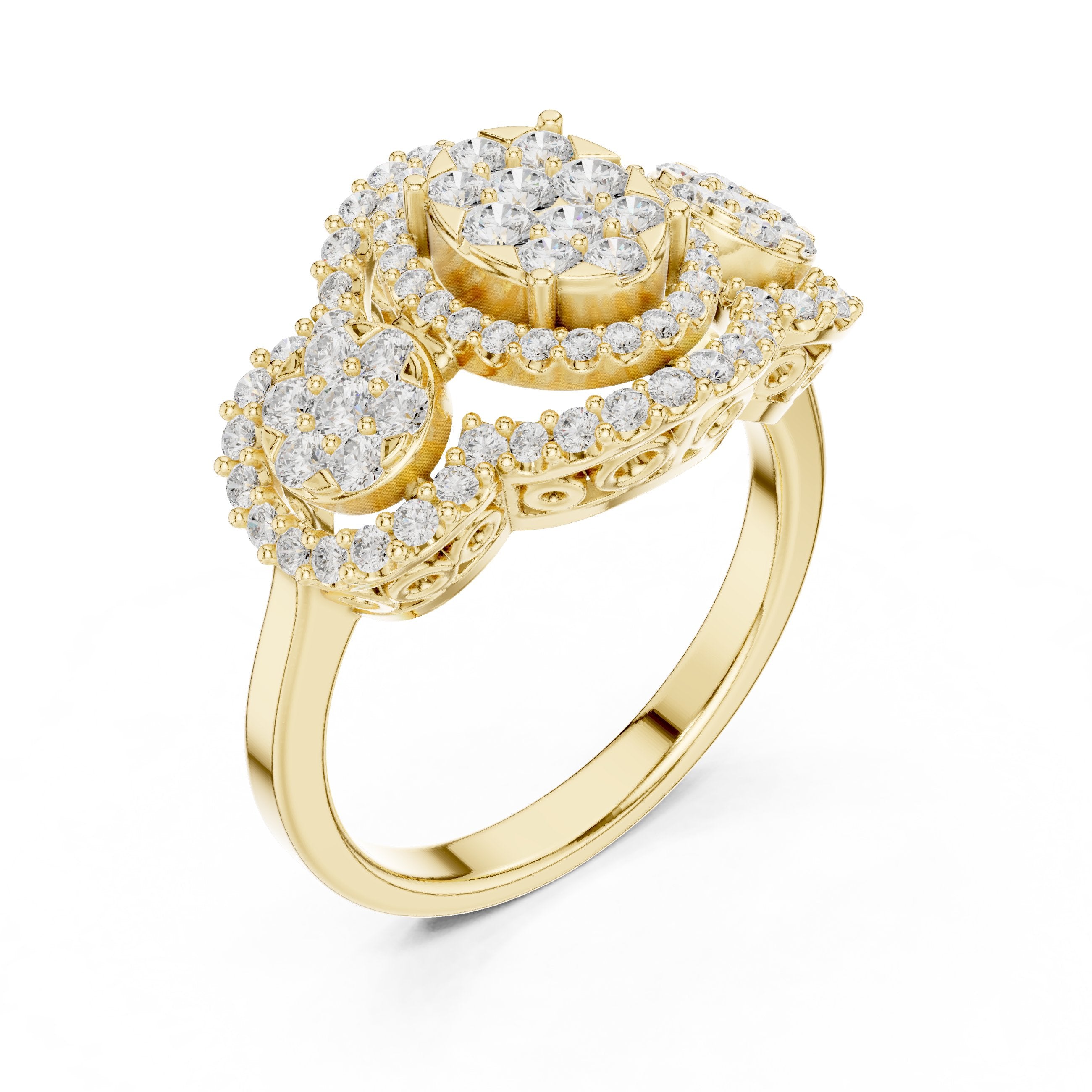 Round Diamond Triple Cluster Halo Constellation Engagement Ring in Yellow Gold - VYKA Diamonds