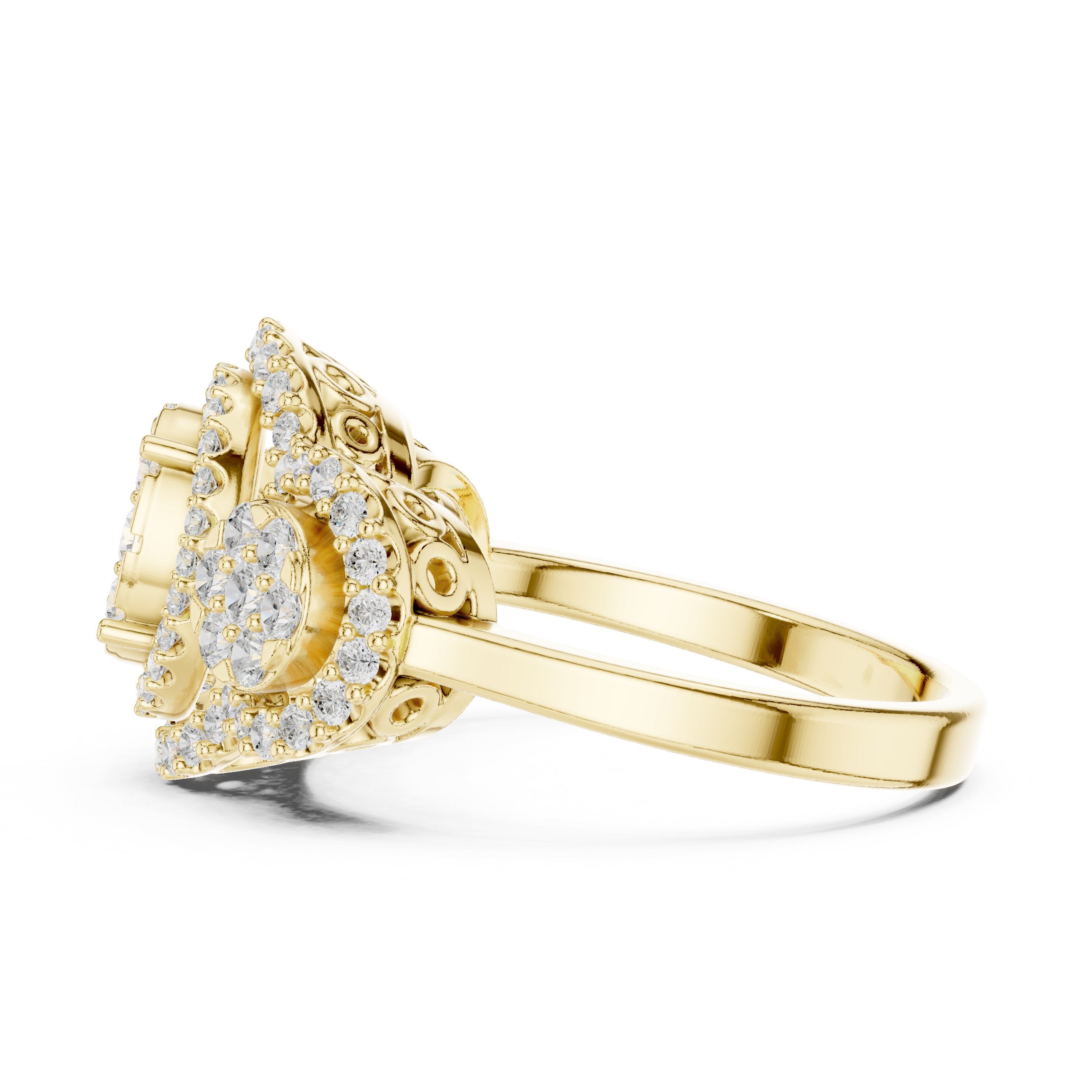 Round Diamond Triple Cluster Halo Constellation Engagement Ring in Yellow Gold - VYKA Diamonds