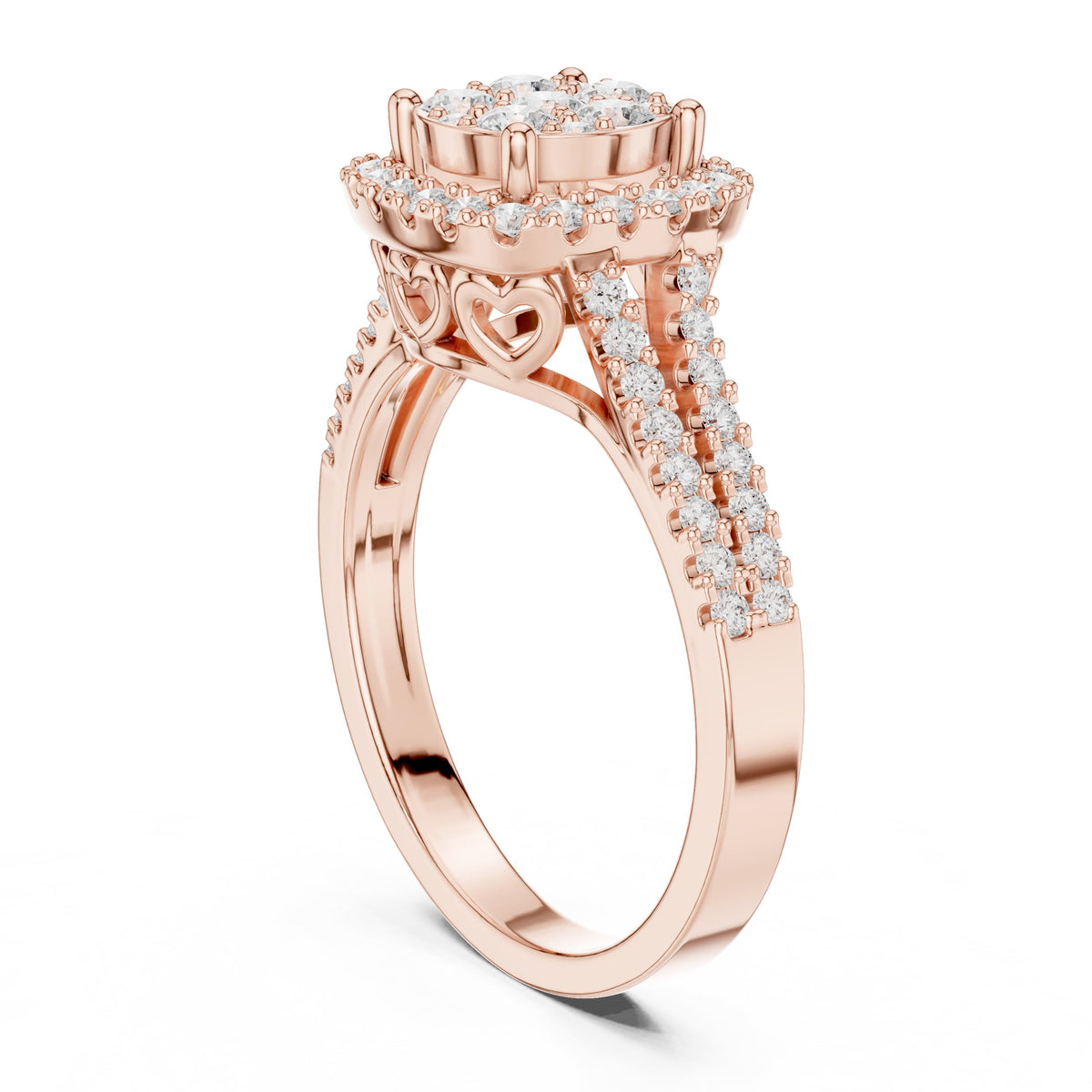 Round Diamond Cluster Halo Engagement Ring with Split Shank Pavé Band