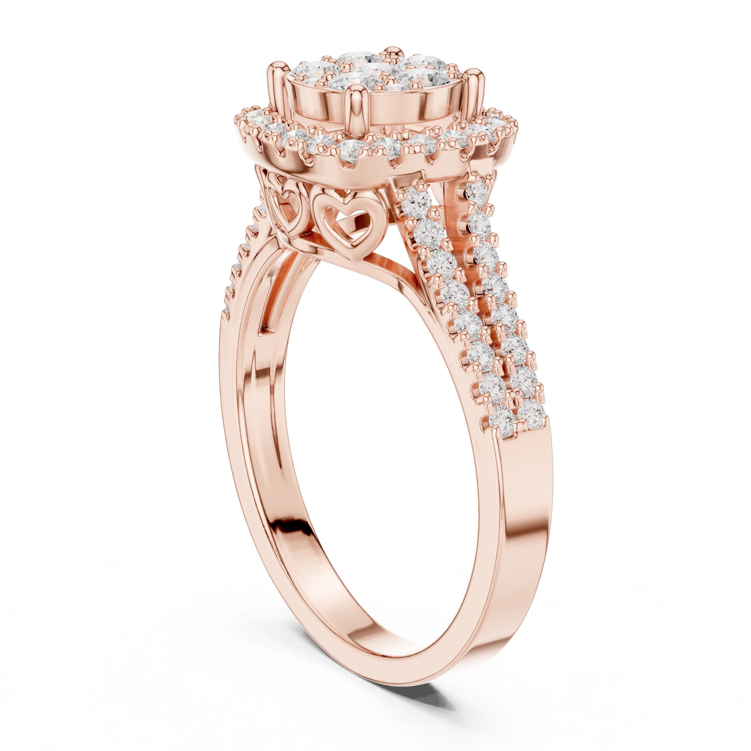 Round Diamond Cluster Halo Engagement Ring with Split Shank Pavé Band in Rose Gold - VYKA Diamonds