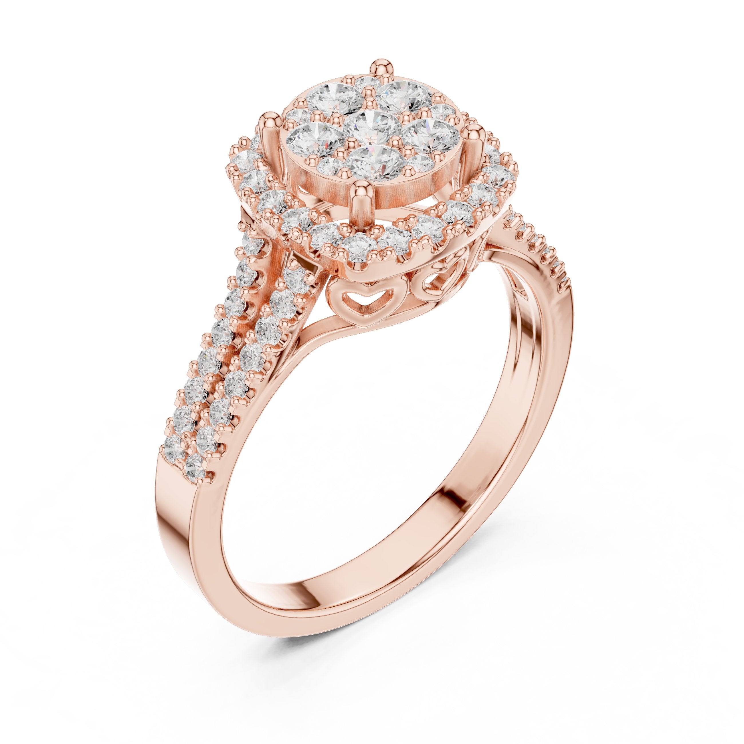 Round Diamond Cluster Halo Engagement Ring with Split Shank Pavé Band in Rose Gold - VYKA Diamonds