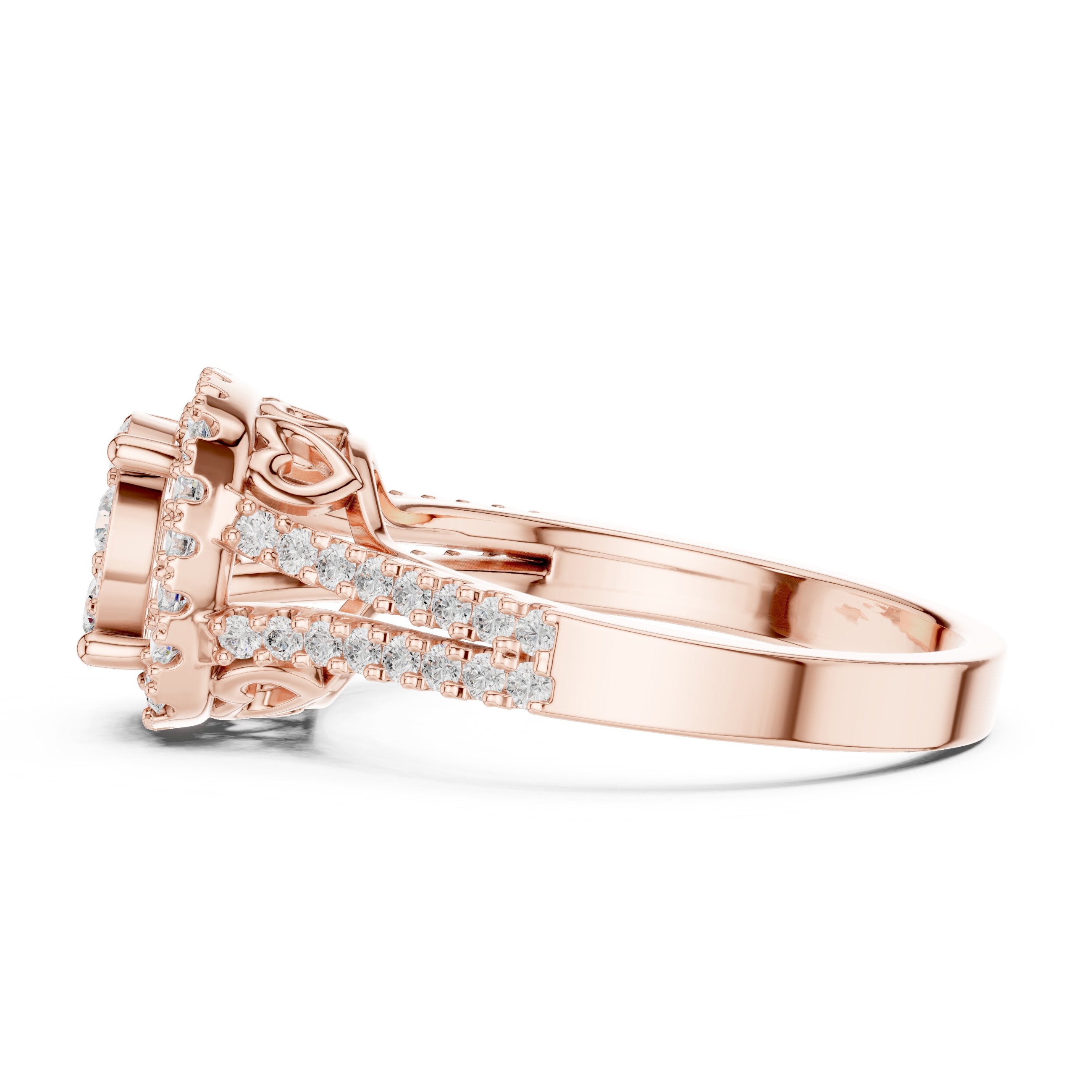 Round Diamond Cluster Halo Engagement Ring with Split Shank Pavé Band in Rose Gold - VYKA Diamonds