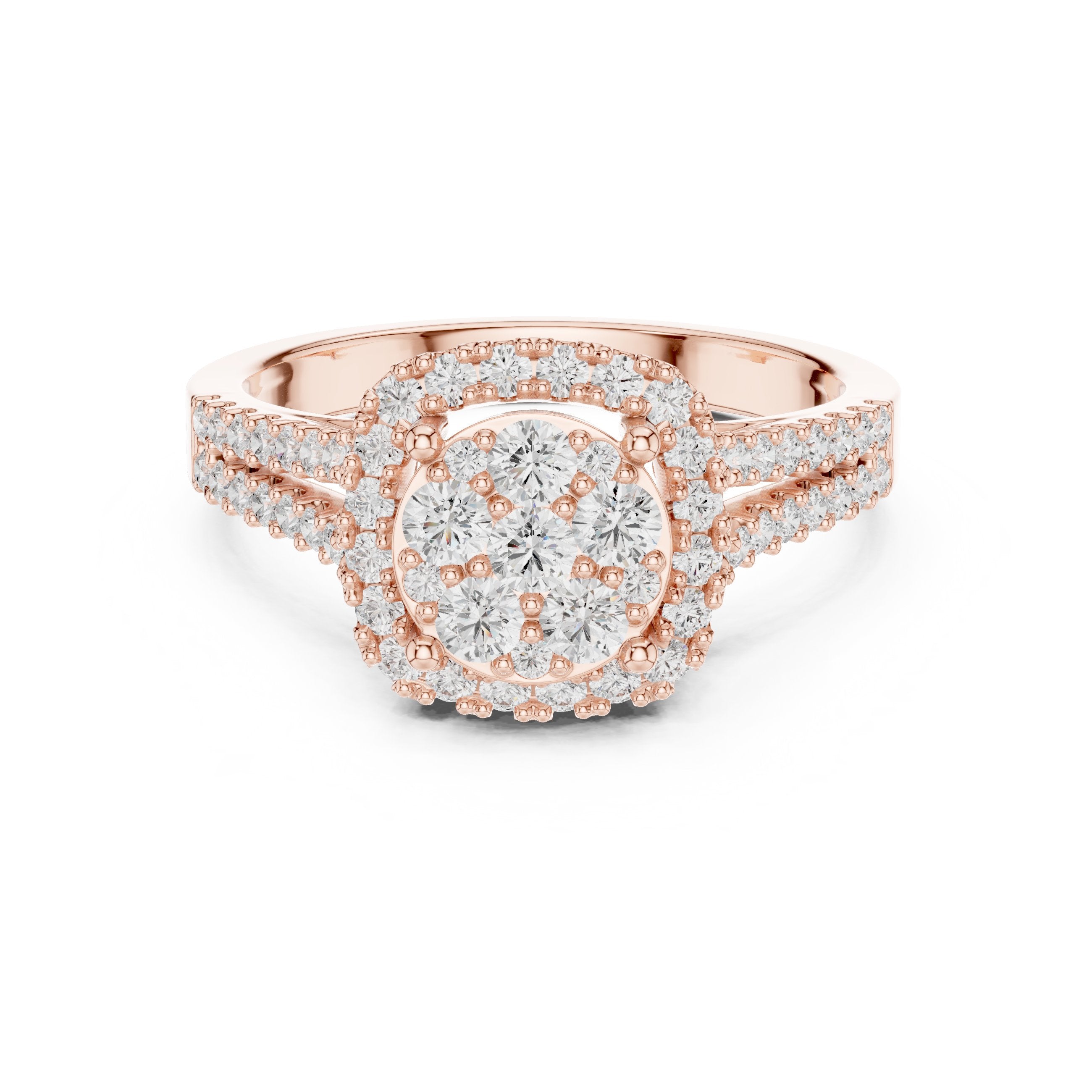 Round Diamond Cluster Halo Engagement Ring with Split Shank Pavé Band in Rose Gold - VYKA Diamonds