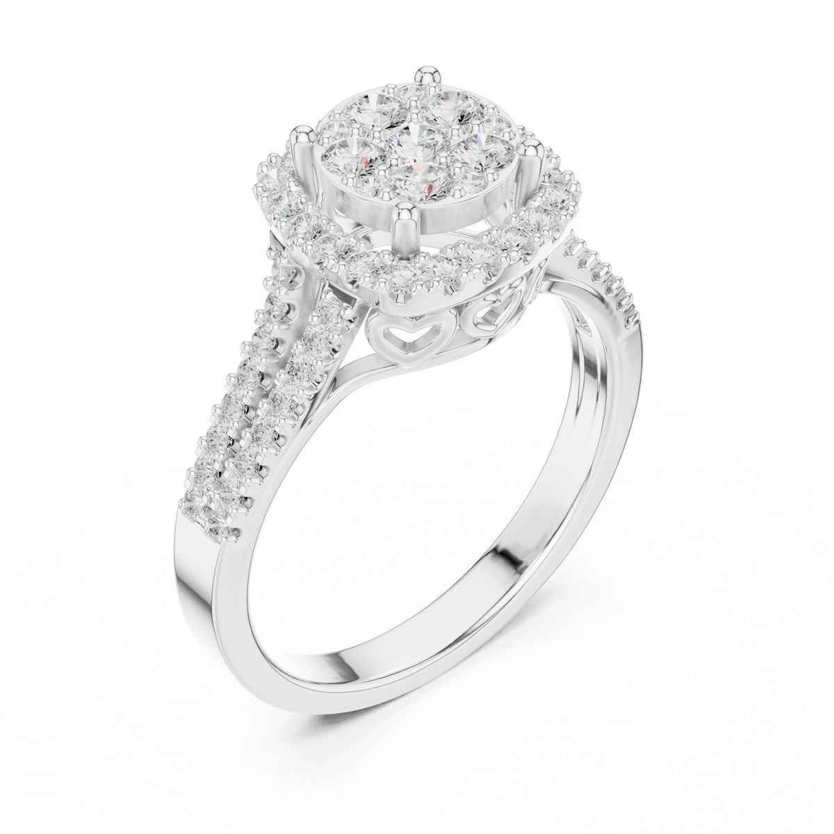 Round Diamond Cluster Halo Engagement Ring with Split Shank Pavé Band