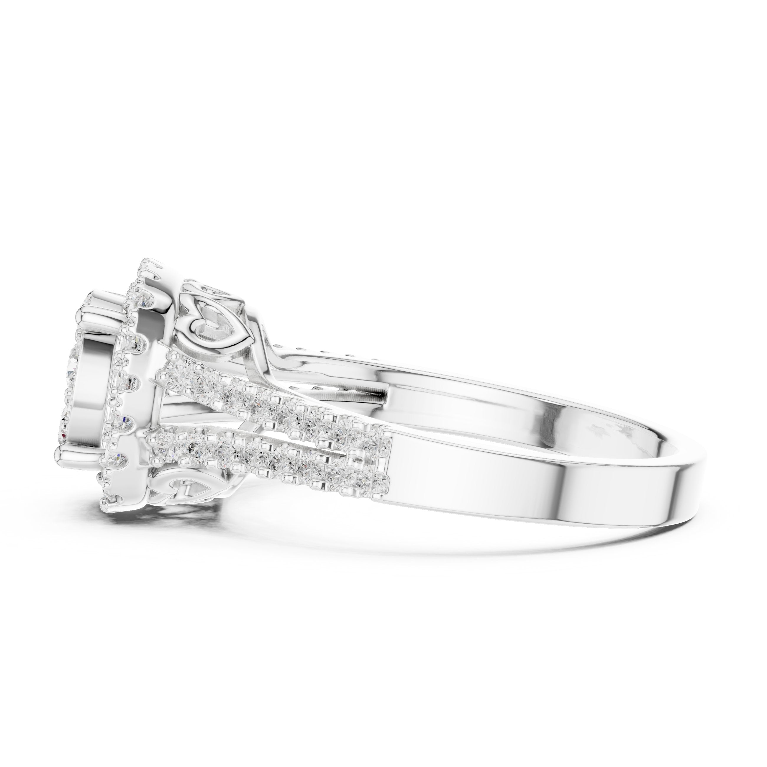 Round Diamond Cluster Halo Engagement Ring with Split Shank Pavé Band in White Gold - VYKA Diamonds