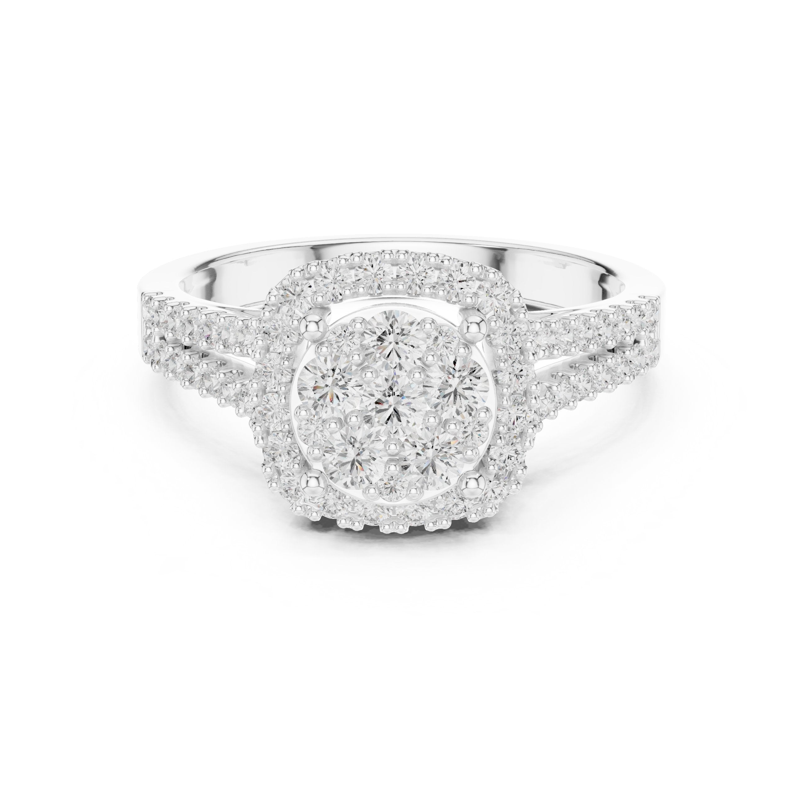 Round Diamond Cluster Halo Engagement Ring with Split Shank Pavé Band in White Gold - VYKA Diamonds