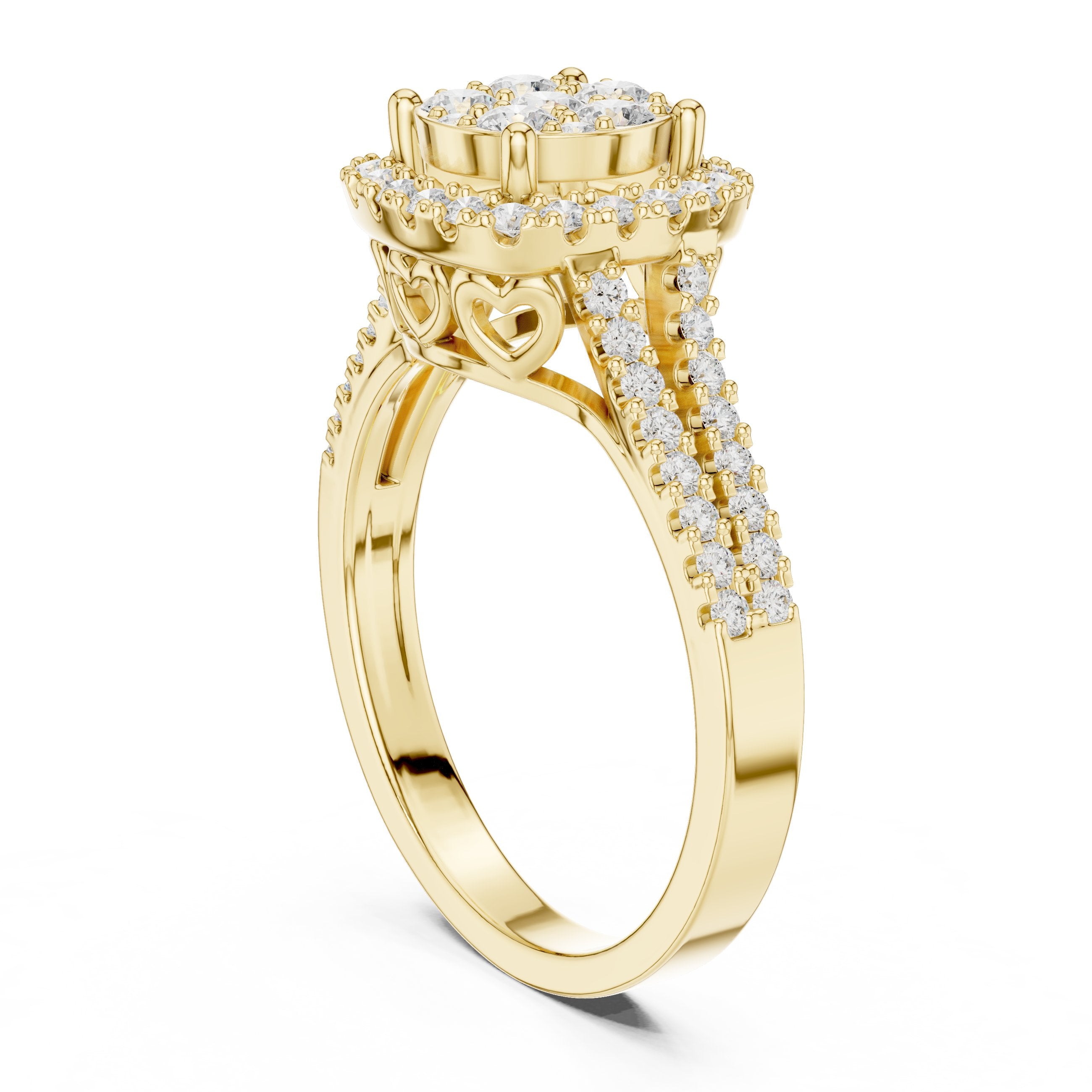 Round Diamond Cluster Halo Engagement Ring with Split Shank Pavé Band in Yellow Gold - VYKA Diamonds