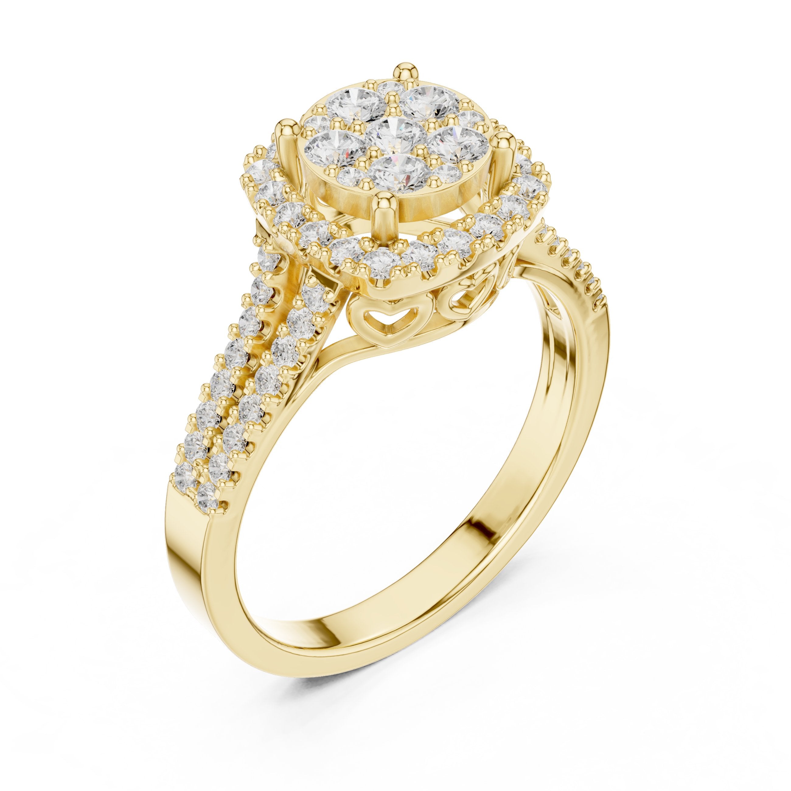 Round Diamond Cluster Halo Engagement Ring with Split Shank Pavé Band in Yellow Gold - VYKA Diamonds