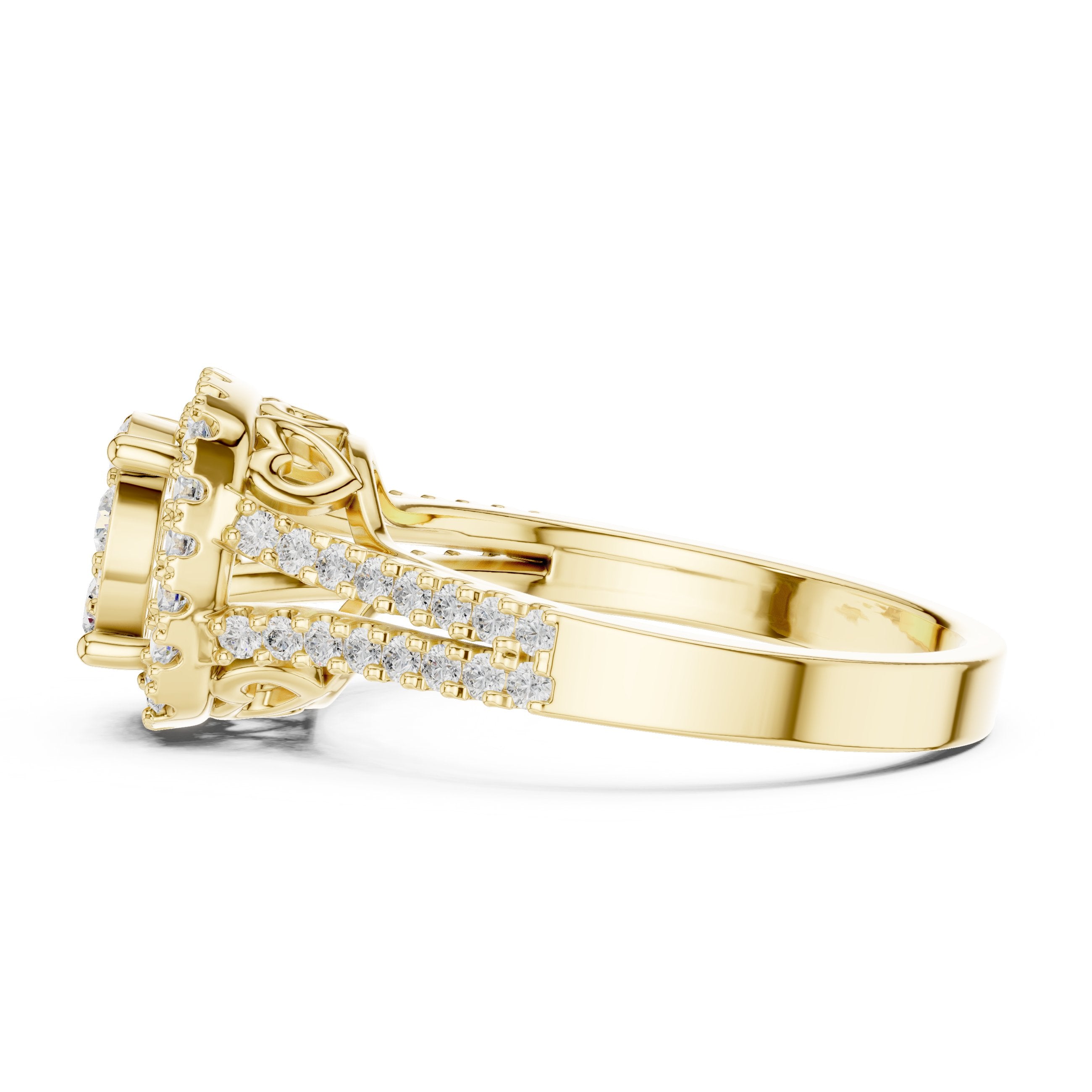 Round Diamond Cluster Halo Engagement Ring with Split Shank Pavé Band in Yellow Gold - VYKA Diamonds
