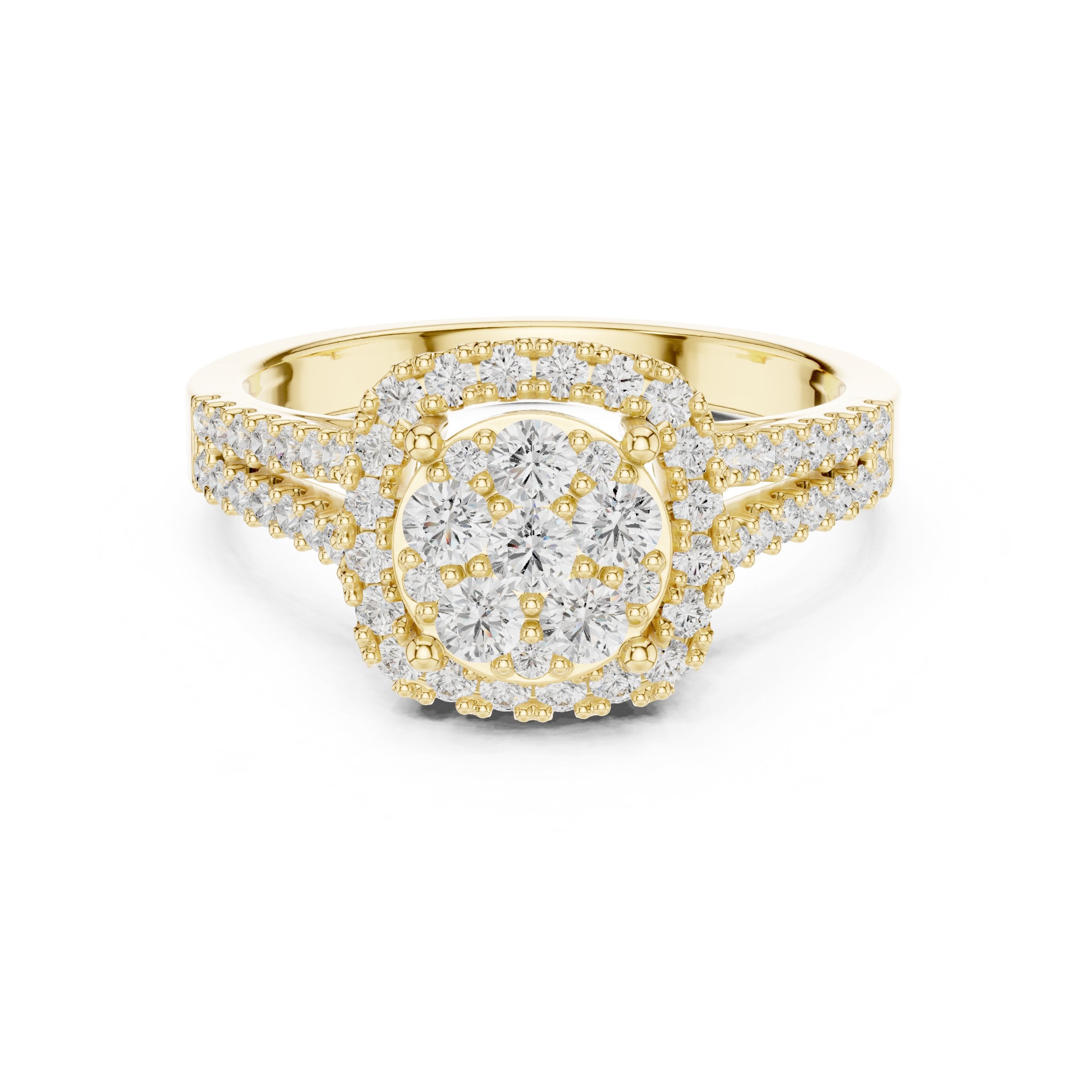 Round Diamond Cluster Halo Engagement Ring with Split Shank Pavé Band in Yellow Gold - VYKA Diamonds