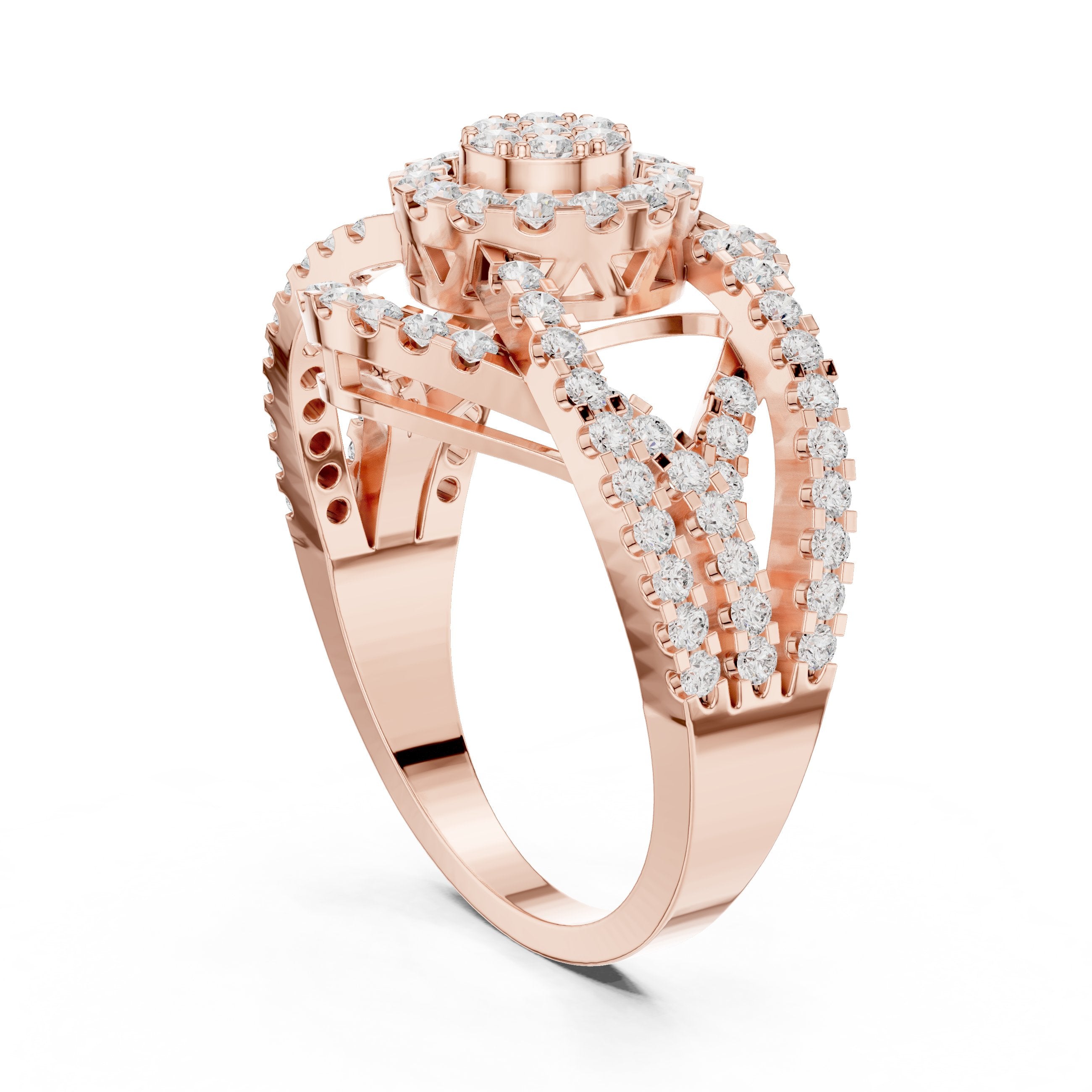 Round Diamond Cluster Statement Engagement Ring with Open Chain Sides in Rose Gold - VYKA Diamonds