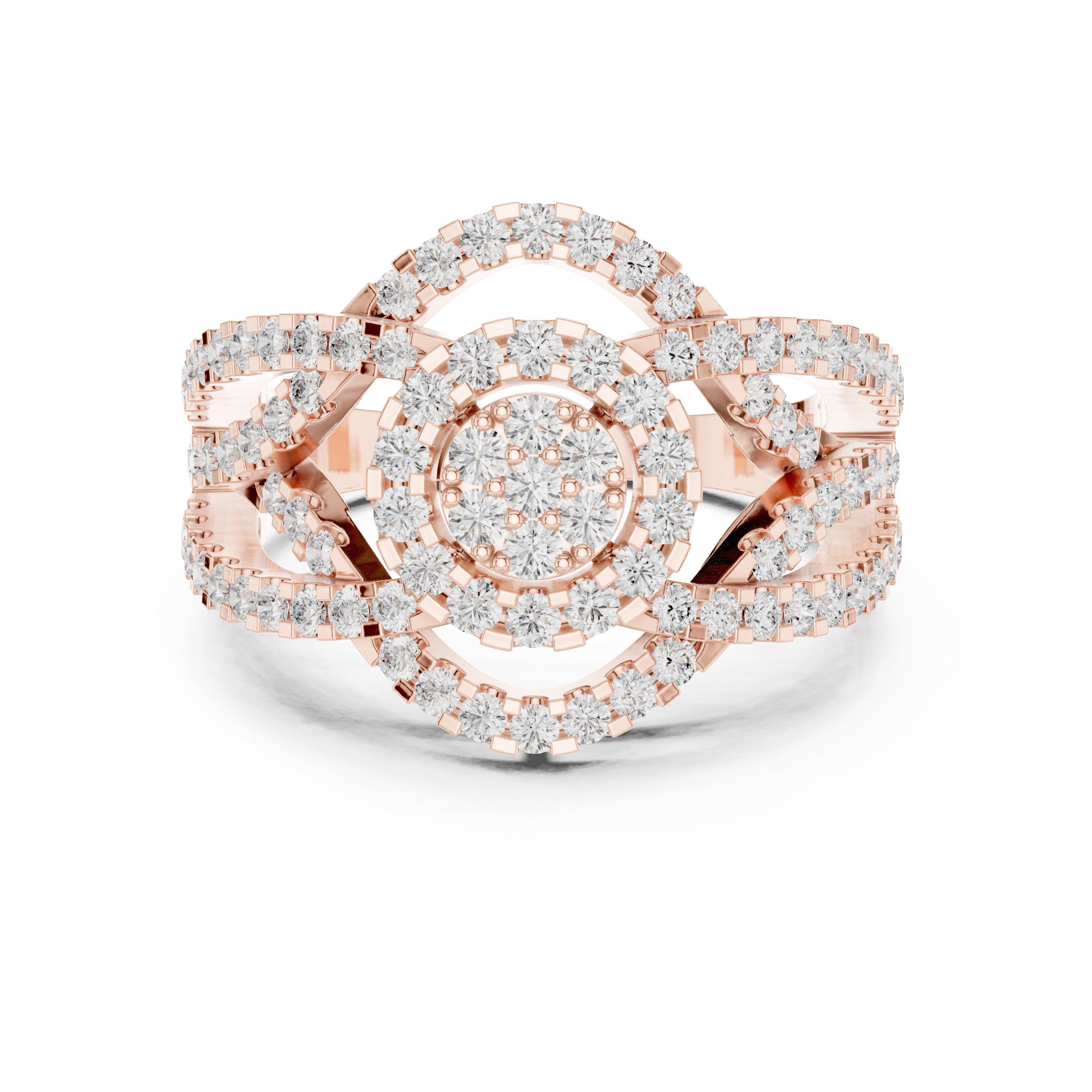 Round Diamond Cluster Statement Engagement Ring with Open Chain Sides in Rose Gold - VYKA Diamonds