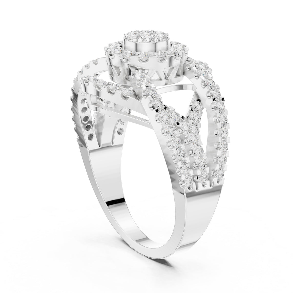 Round Diamond Cluster Statement Engagement Ring with Open Chain Sides