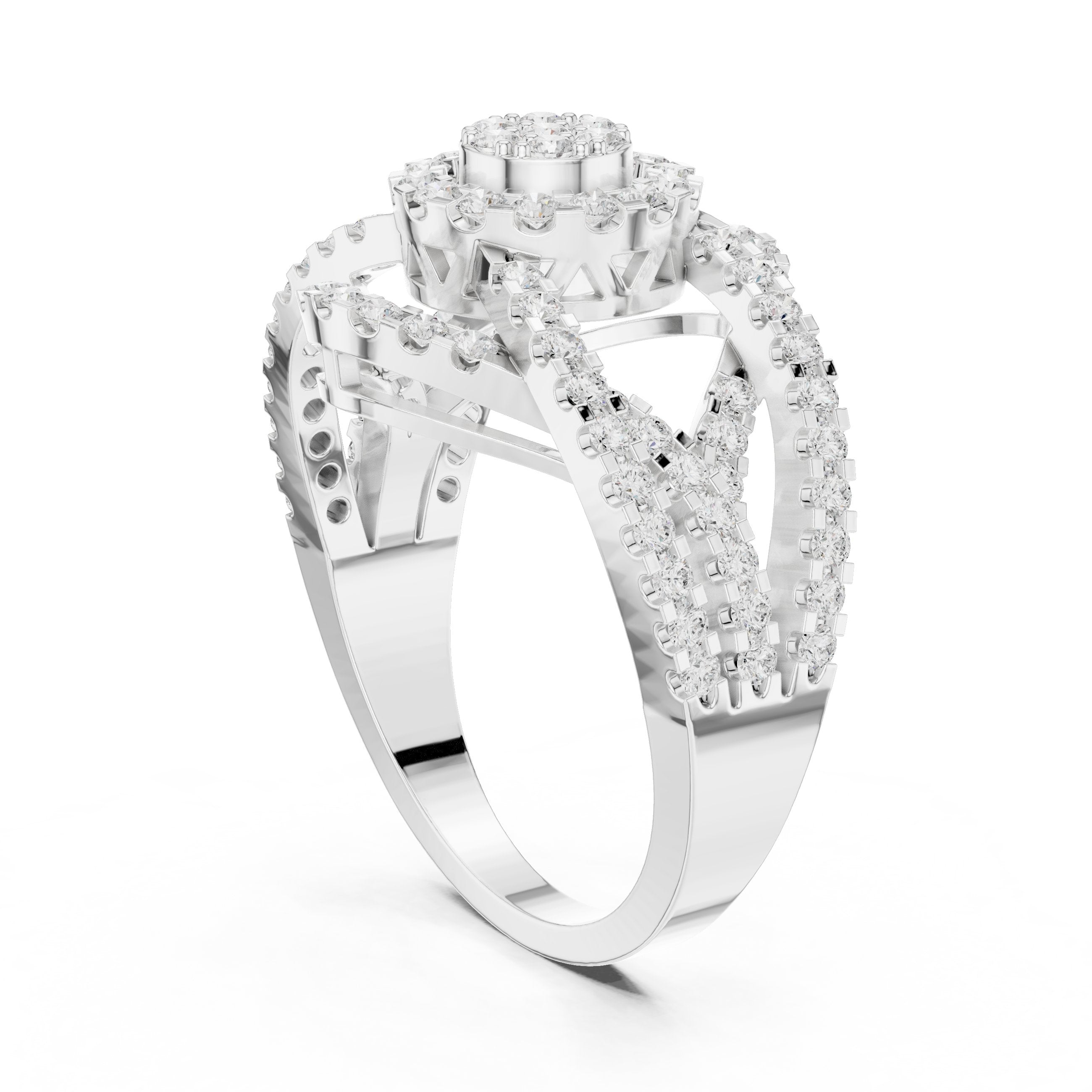 Round Diamond Cluster Statement Engagement Ring with Open Chain Sides in White Gold - VYKA Diamonds