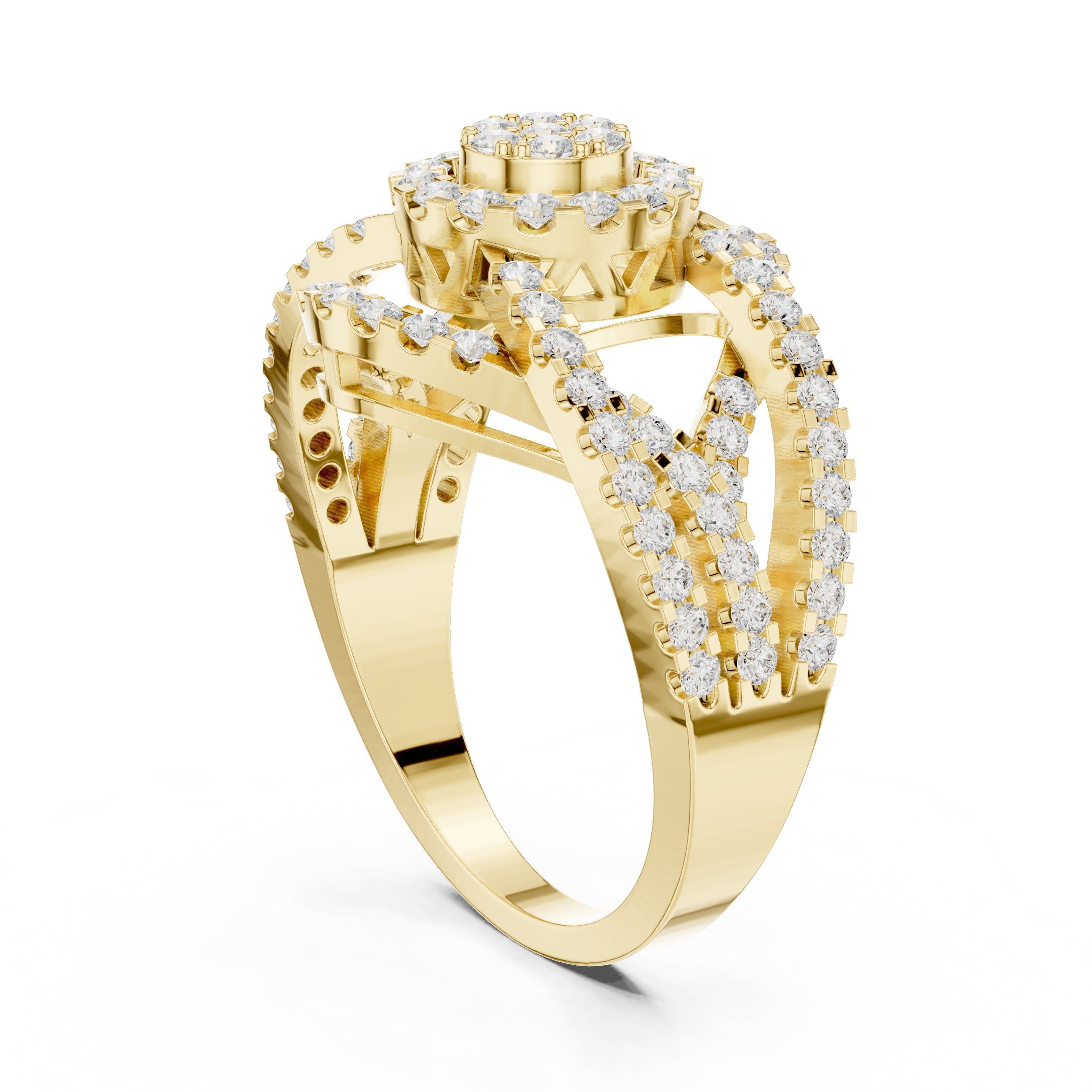 Round Diamond Cluster Statement Engagement Ring with Open Chain Sides in Yellow Gold - VYKA Diamonds