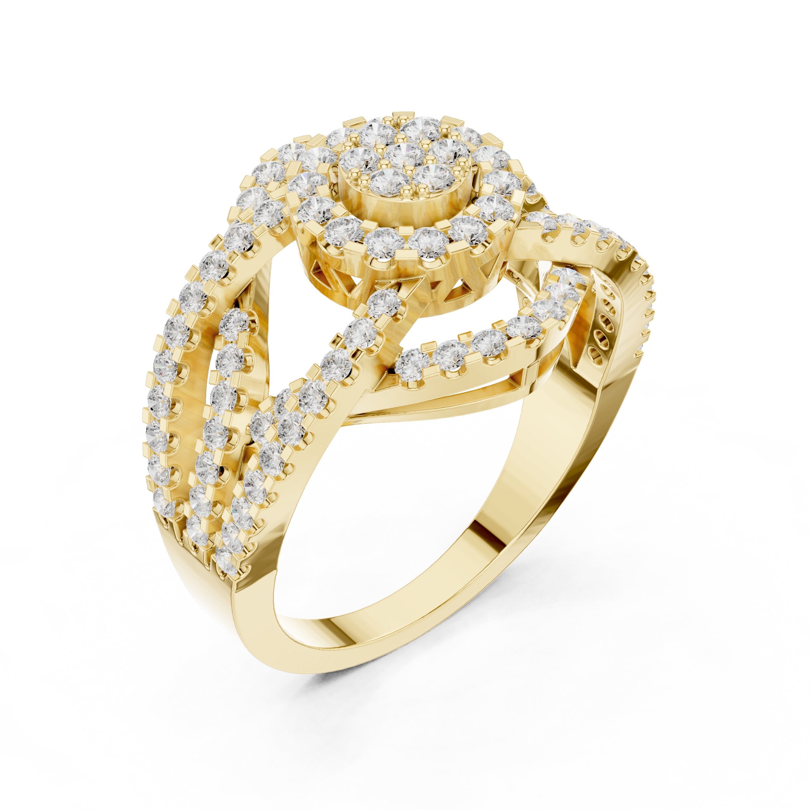 Round Diamond Cluster Statement Engagement Ring with Open Chain Sides in Yellow Gold - VYKA Diamonds