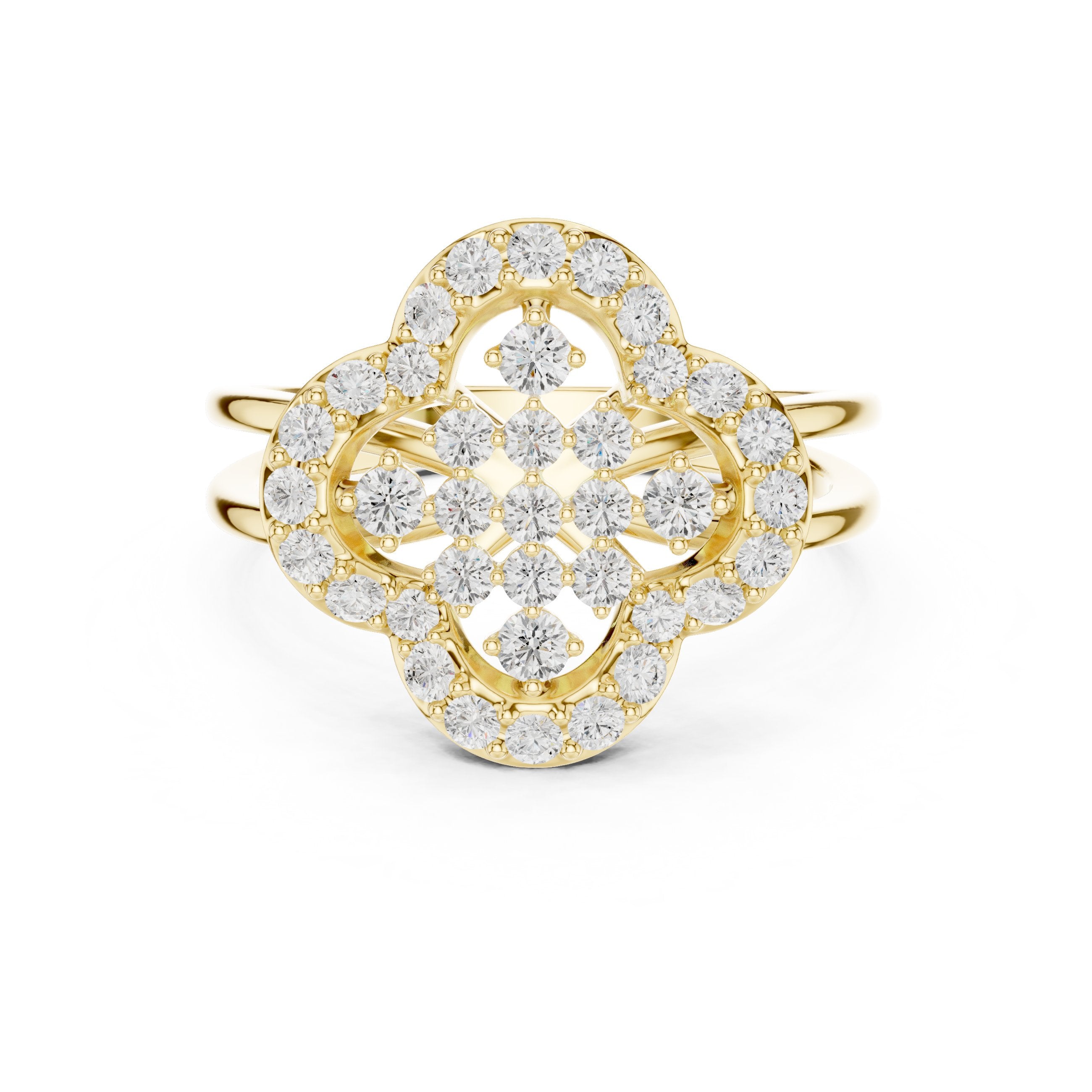 Round Diamond Quatrefoil Constellation Engagement Ring in Yellow Gold - VYKA Diamonds