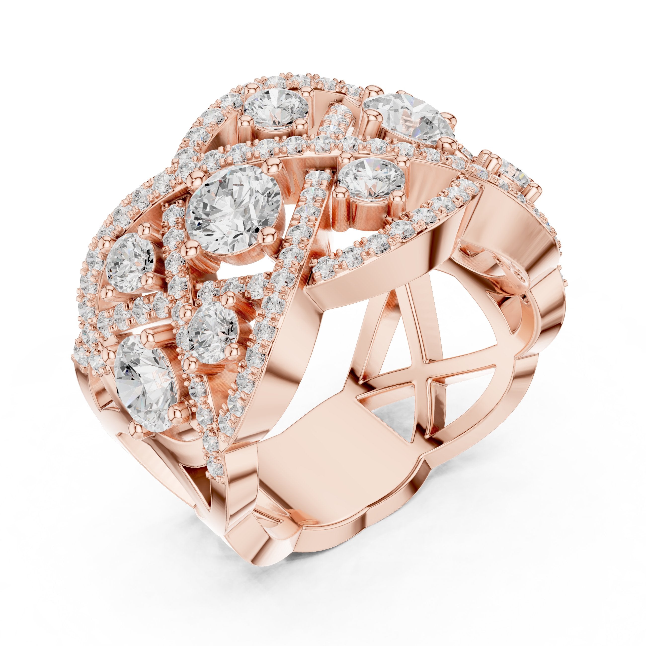 Round Diamond Four Stone Cluster Cocktail Band with Criss-Cross Pavé in Rose Gold - VYKA Diamonds