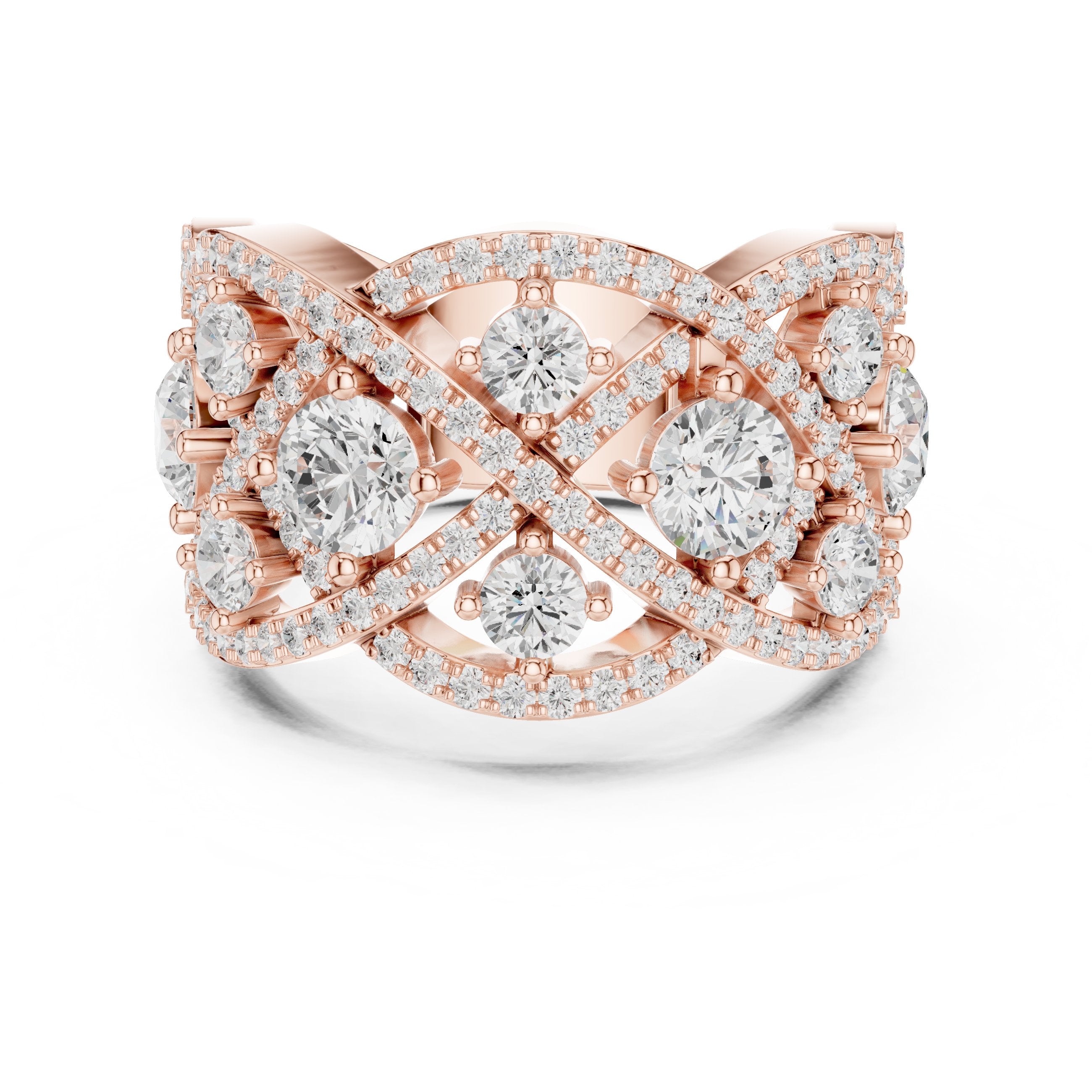 Round Diamond Four Stone Cluster Cocktail Band with Criss-Cross Pavé in Rose Gold - VYKA Diamonds