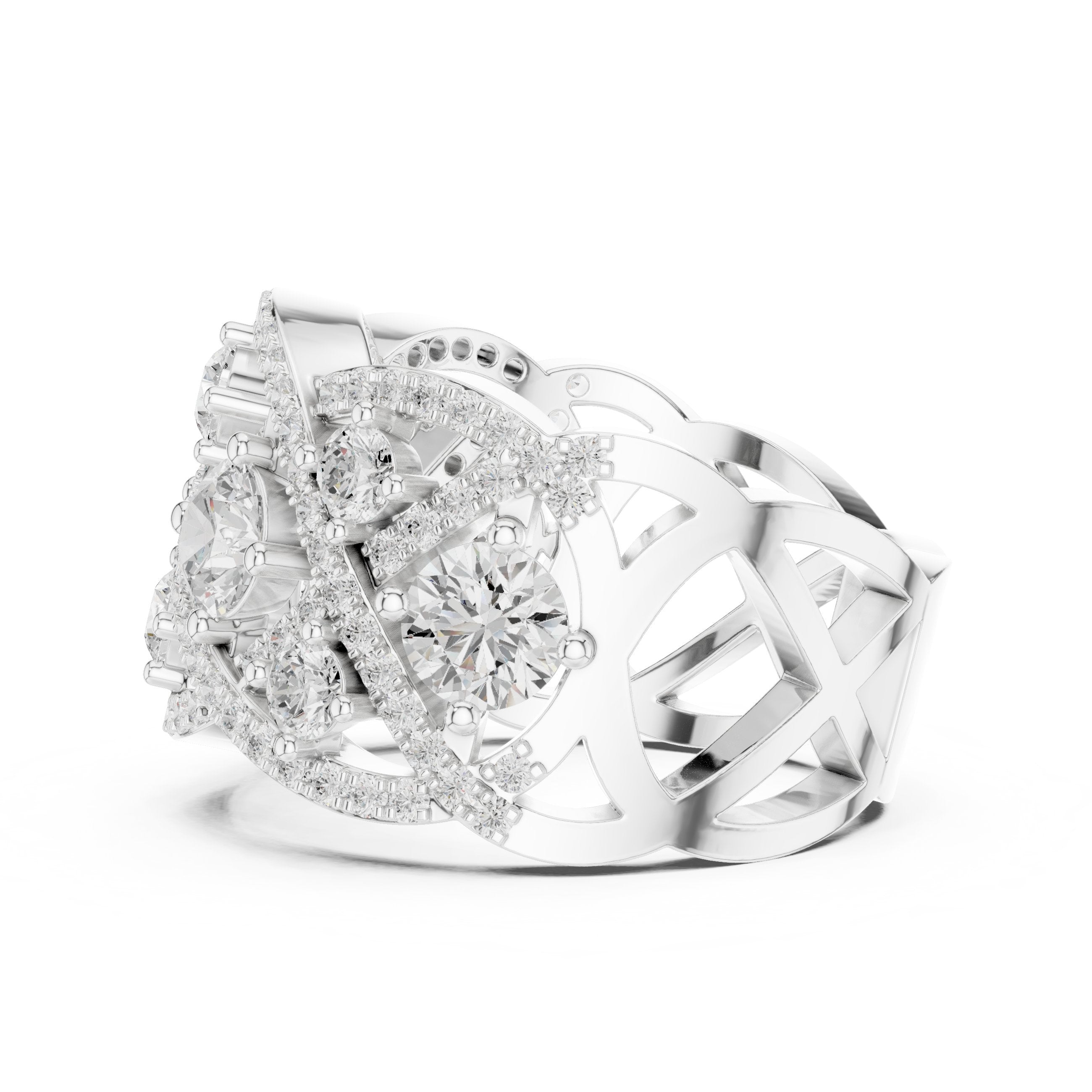 Round Diamond Four Stone Cluster Cocktail Band with Criss-Cross Pavé in White Gold - VYKA Diamonds