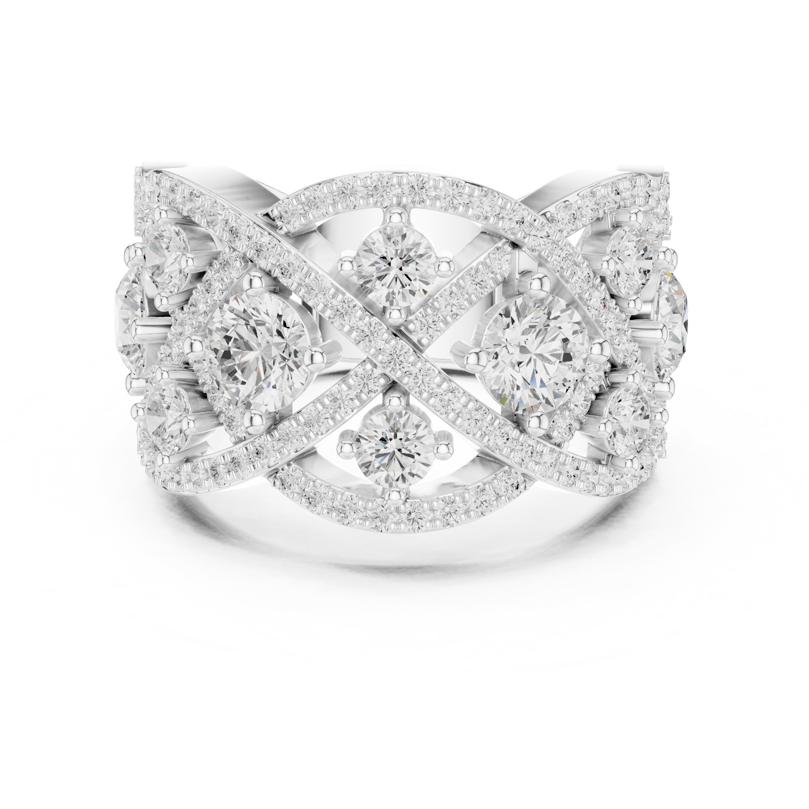 Round Diamond Four Stone Cluster Cocktail Band with Criss-Cross Pavé in White Gold - VYKA Diamonds
