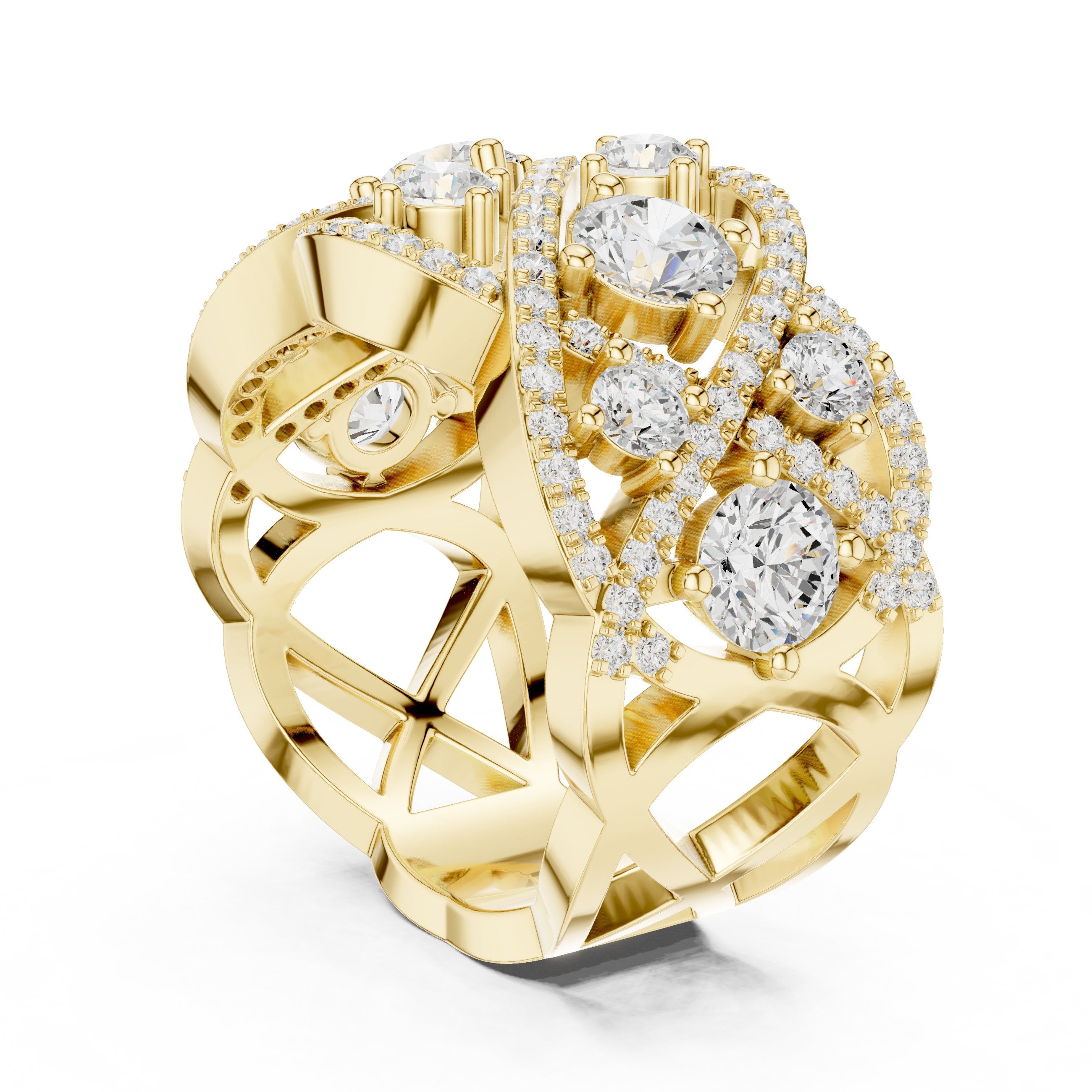 Round Diamond Four Stone Cluster Cocktail Band with Criss-Cross Pavé in Yellow Gold - VYKA Diamonds