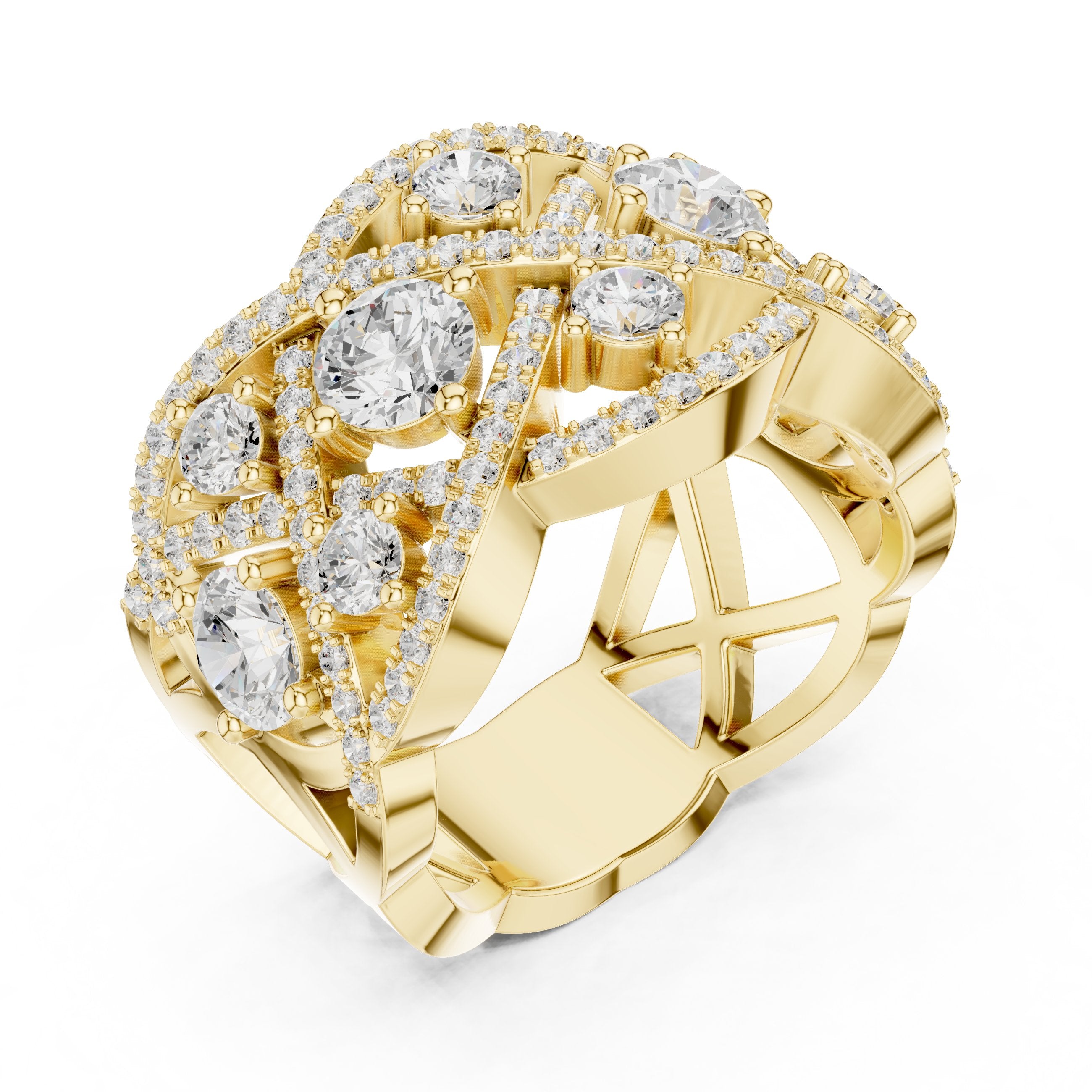 Round Diamond Four Stone Cluster Cocktail Band with Criss-Cross Pavé in Yellow Gold - VYKA Diamonds