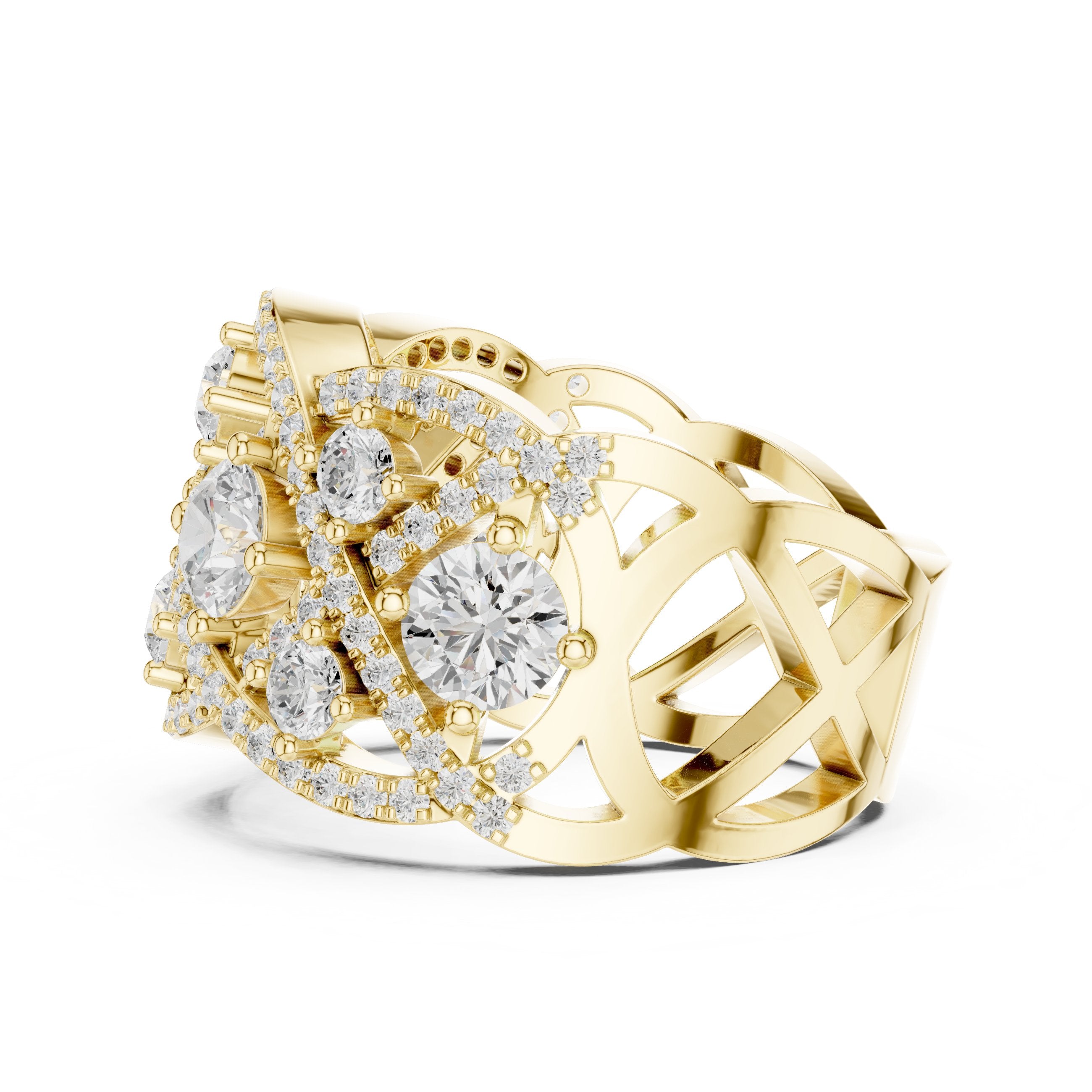 Round Diamond Four Stone Cluster Cocktail Band with Criss-Cross Pavé in Yellow Gold - VYKA Diamonds