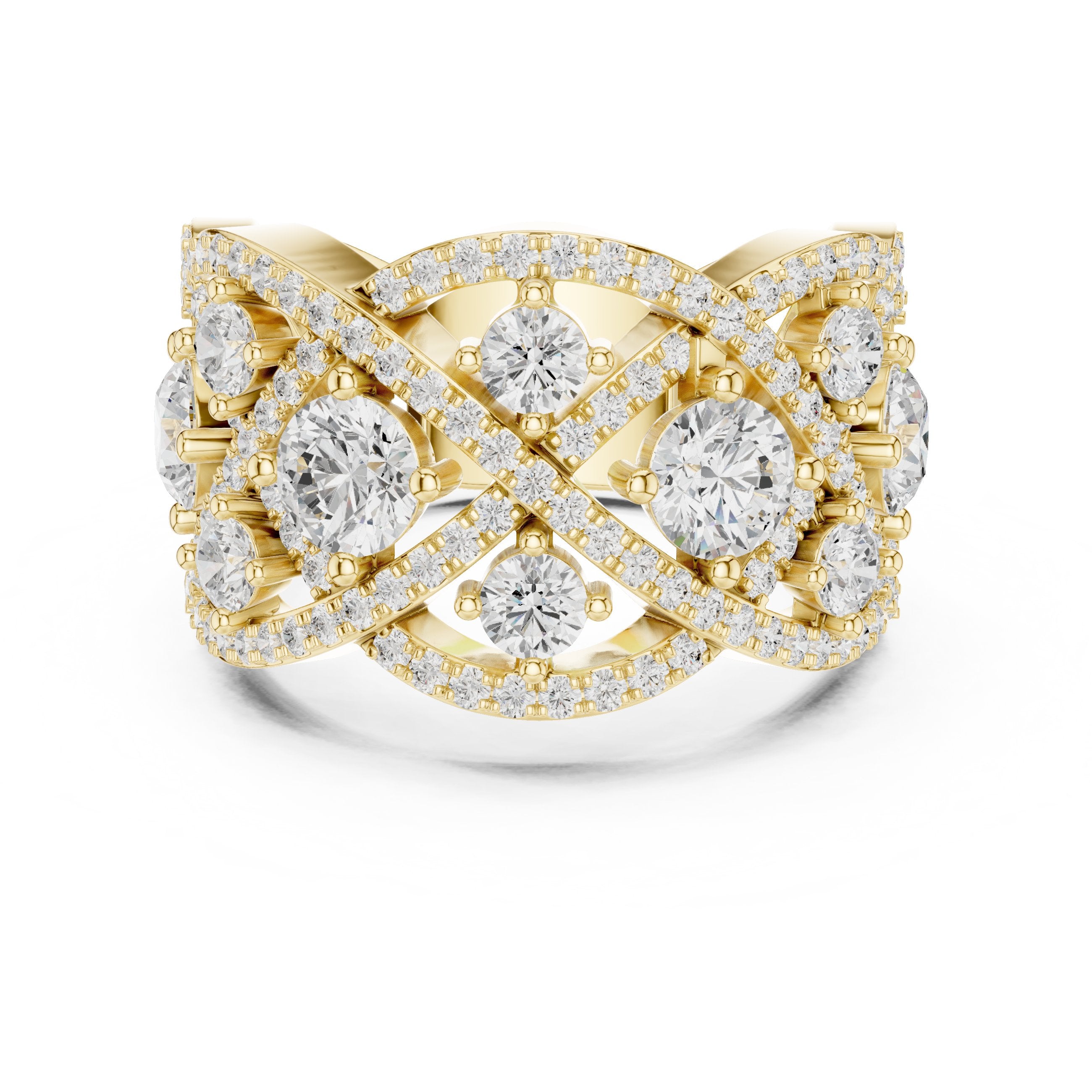 Round Diamond Four Stone Cluster Cocktail Band with Criss-Cross Pavé in Yellow Gold - VYKA Diamonds