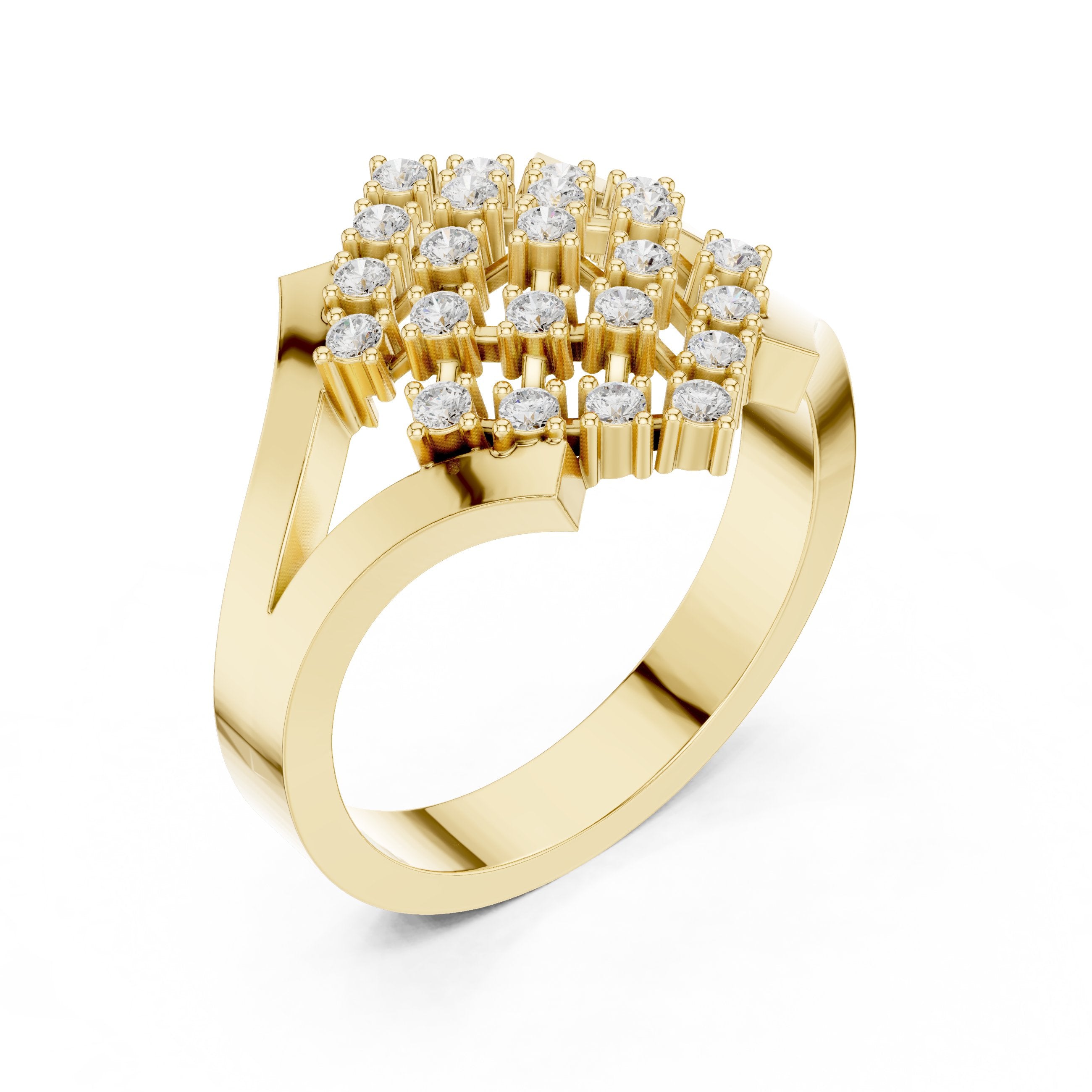 Round Diamond Diamond-Shape Cluster Engagement Ring with Split Shank in Yellow Gold - VYKA Diamonds