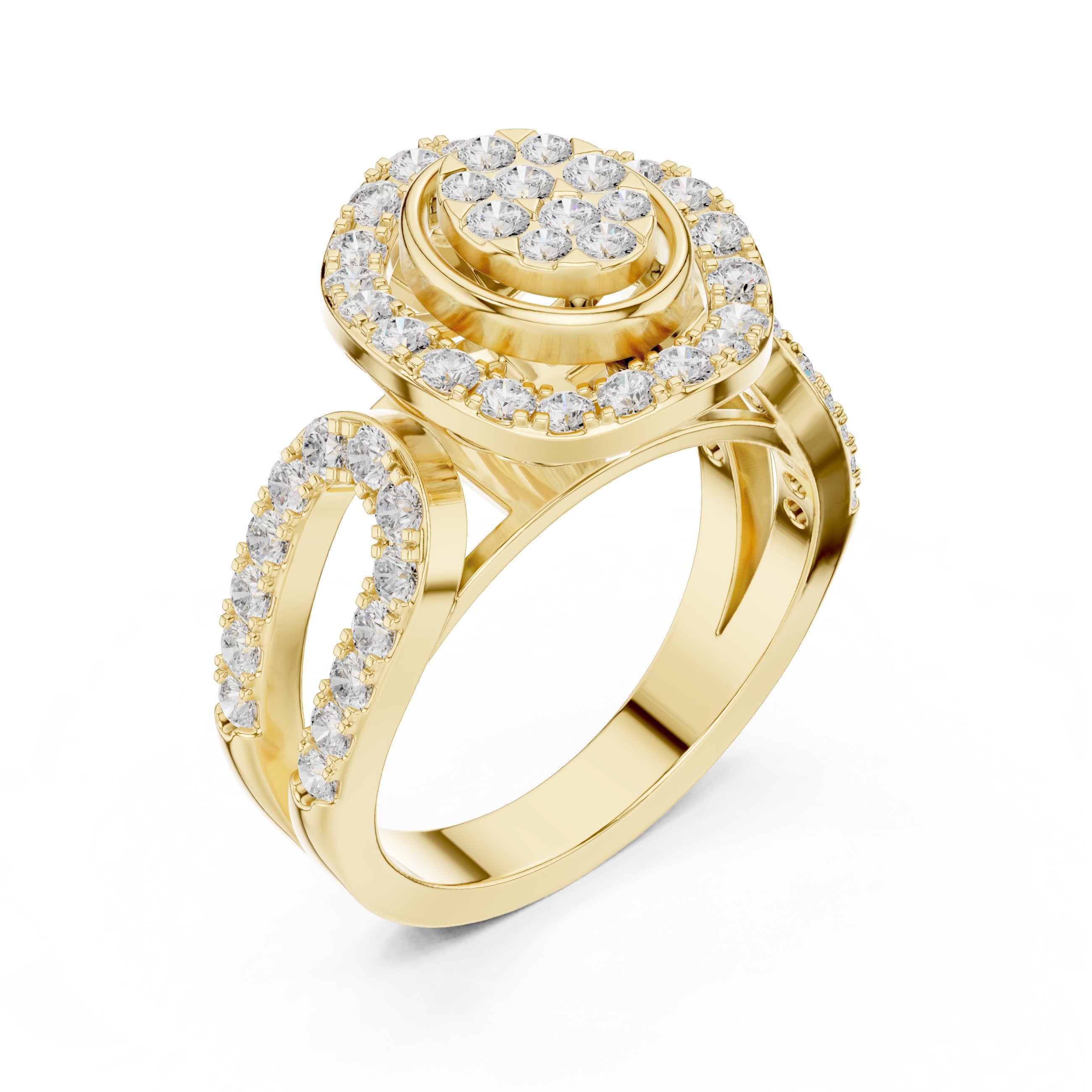 Round Diamond Oval Cluster Medallion Constellation Engagement Ring in Yellow Gold - VYKA Diamonds