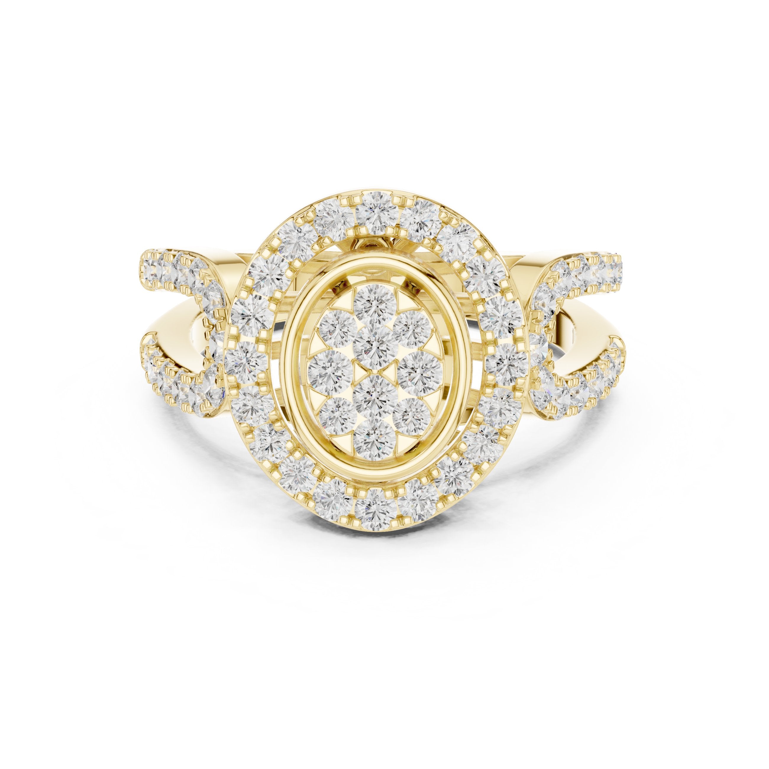 Round Diamond Oval Cluster Medallion Constellation Engagement Ring in Yellow Gold - VYKA Diamonds